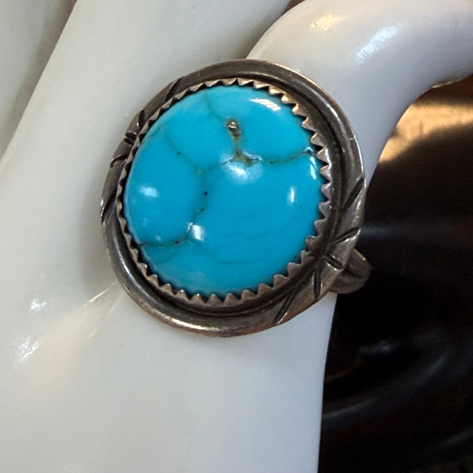 Vintage Native American Sterling Silver Turquoise Ring Sz 4.75 5.0g 925 Old Pawn: Maker: Unmarked, likely Old Pawn. / /Material: Sterling Silver. / Stone: Turquoise. / Size: 4.75. Face measures 13/16” diameter. / Weight: 5.00 grams. / Condition: Great, ready to enjoy! / Sold 