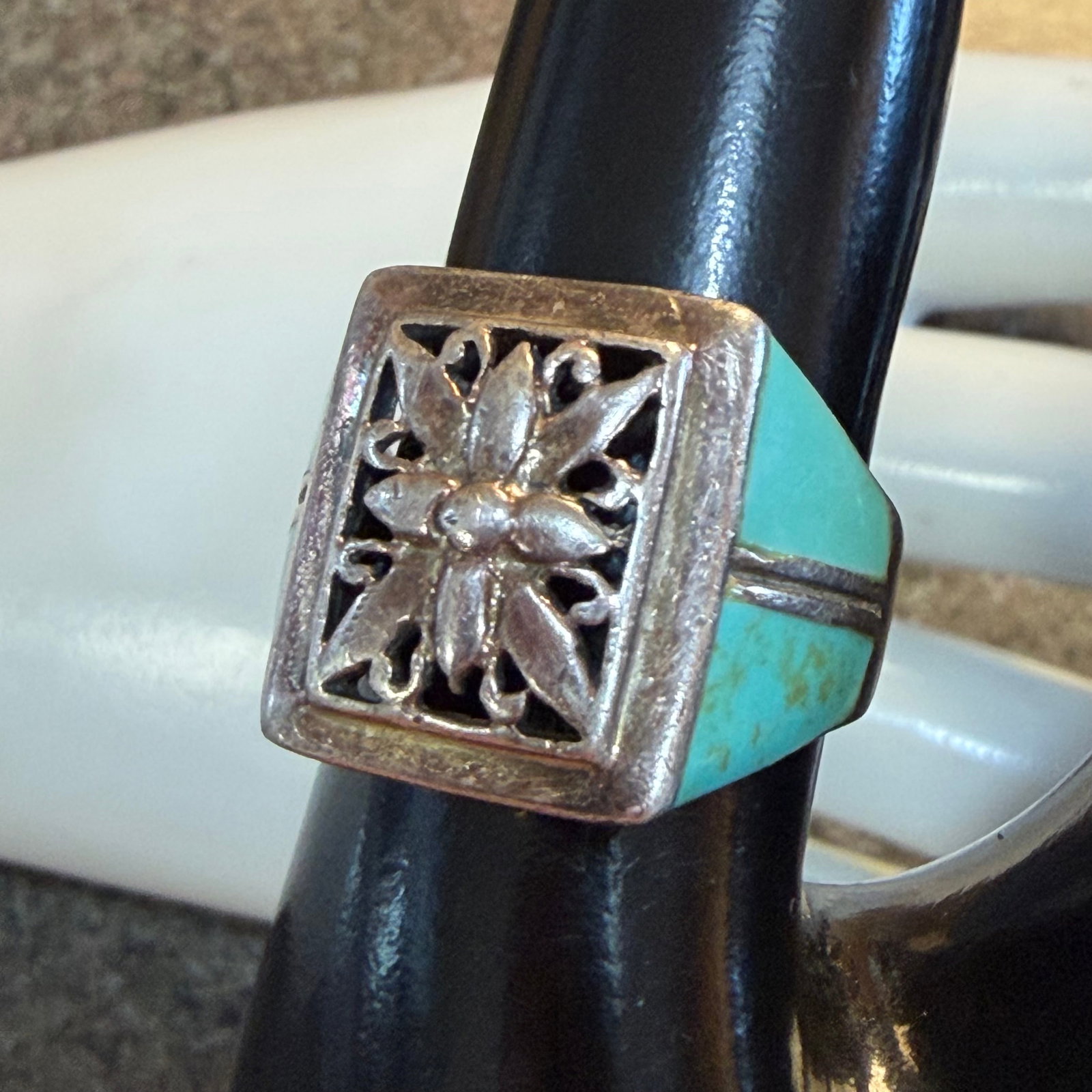 Vintage Sterling Silver Turquoise Floral Shield Ring Sz 8.25 7.44g 925 Signed: Maker: Mark shown, unknown. KTH. / Material: Sterling Silver. / Stone: Turquoise. / Size: 8.25. Face measures 11/16” wide. / Weight: 7.44 grams. / Condition: Great, ready to enjoy! / Sold as is.