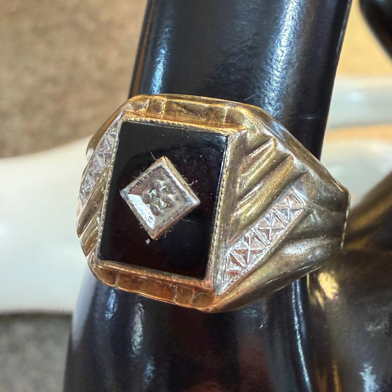 Vintage Men’s Sterling Silver Black Onyx White Stone Ring Sz 11.25 7.88g 925 Signed: Maker: Mark shown. Unknown. / Material: Sterling Silver. / Stone: Black Onyx with untested white stone. / Size: 11.25. Face measures 9/16” wide. / Weight: 7.88 grams. / Condition: Great, ready t