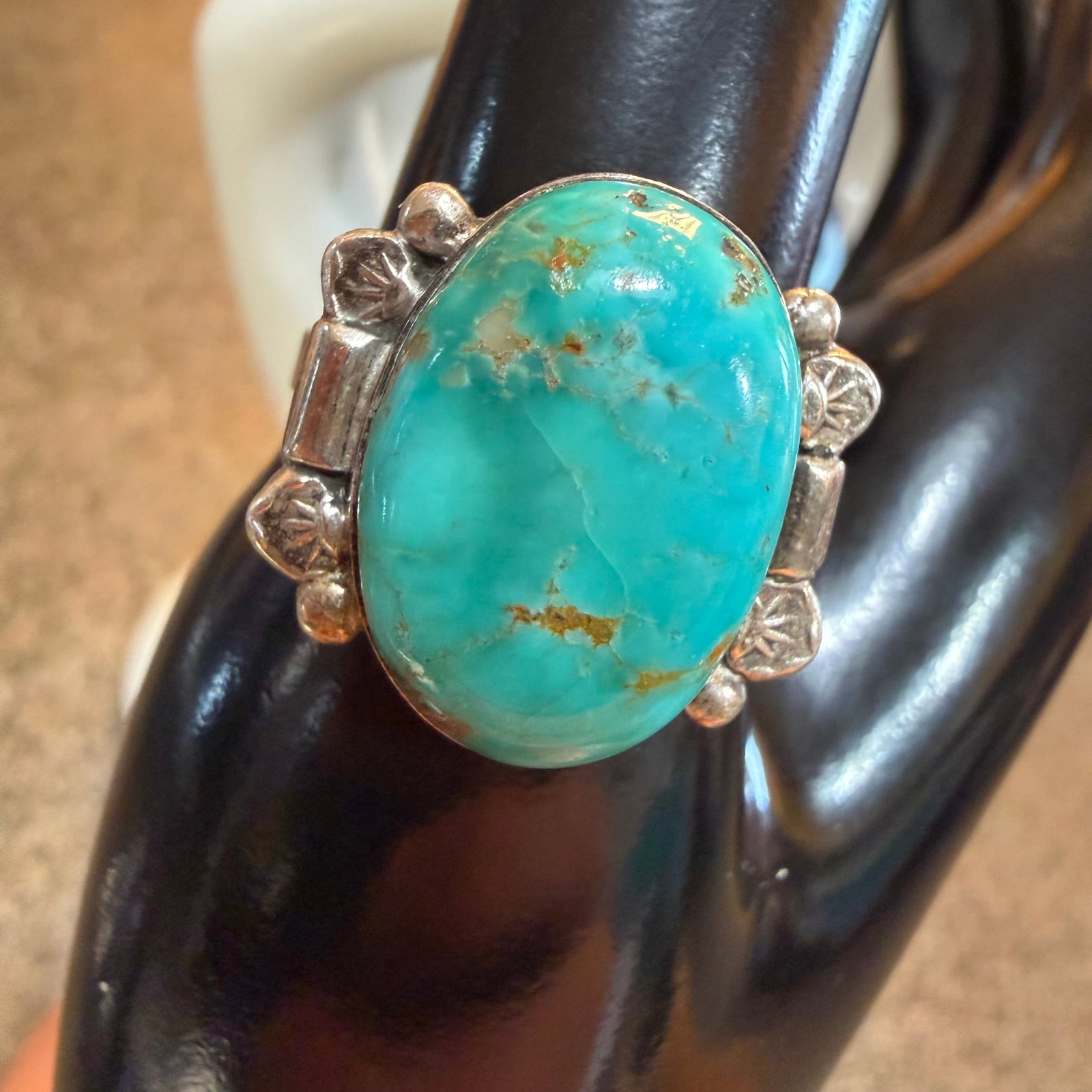 Vintage Native American Sterling Silver Turquoise Ring Sz 8.5 6.13g 925 Signed Poncho: Maker: Poncho, as shown. / Material: Sterling Silver. / Stone: Turquoise. / Size: 8.5. Face measures 3/4” x 13/16”. / Weight: 6.13 grams. / Condition: Great, ready to enjoy! / Sold as is. 
