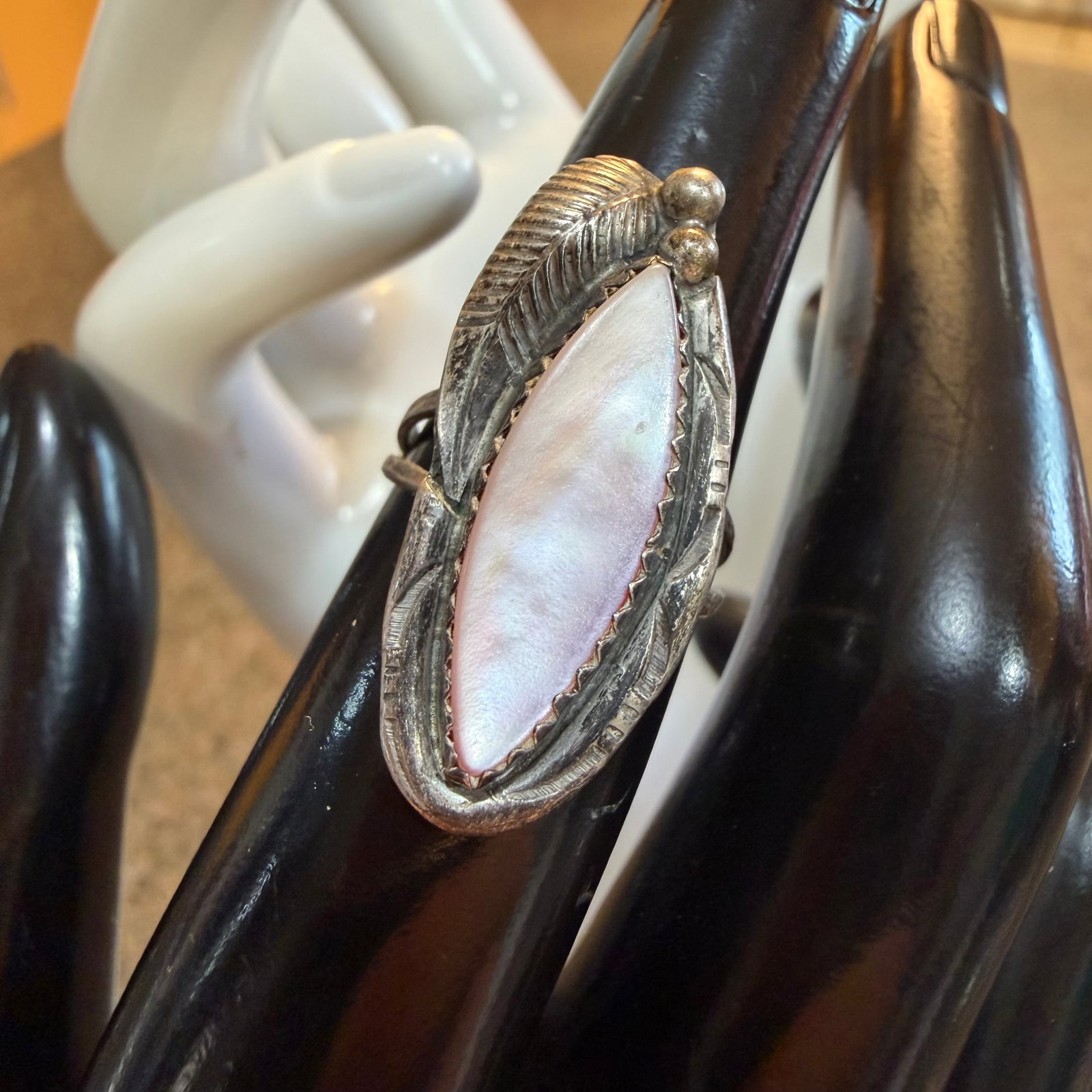 Vintage Native American Sterling Silver Pink Mother of Pearl Ring Sz 5 3.30g 925 Signed SBV: Maker: Signed SBV as shown. Unknown. / Material: Sterling Silver. / Stone: Mother of Pearl, MOP. Has a bit of a pink hue to it. / Size: 5. Face measures 1 1/8” x 1/2”. / Weight: 3.30 grams