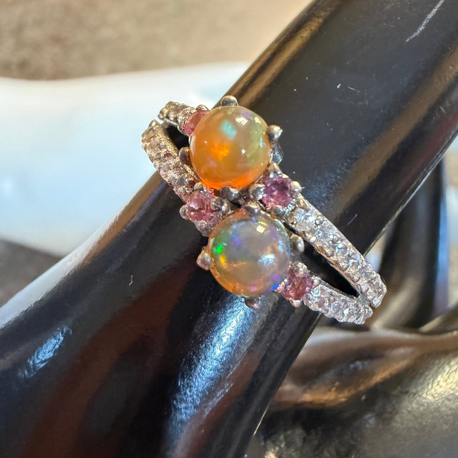 Vintage Sterling Silver CZ White Pink Opal Style Ring STS India Sz 7.25 3.48g 925: Maker: STS, India. / Material: Sterling Silver. / Stone: I believe pink and white CZ, unsure the center stones. Glass? / Size: 7.25. / Weight: 3.48 grams./ Condition: Great, ready to enjoy! / Sold as 