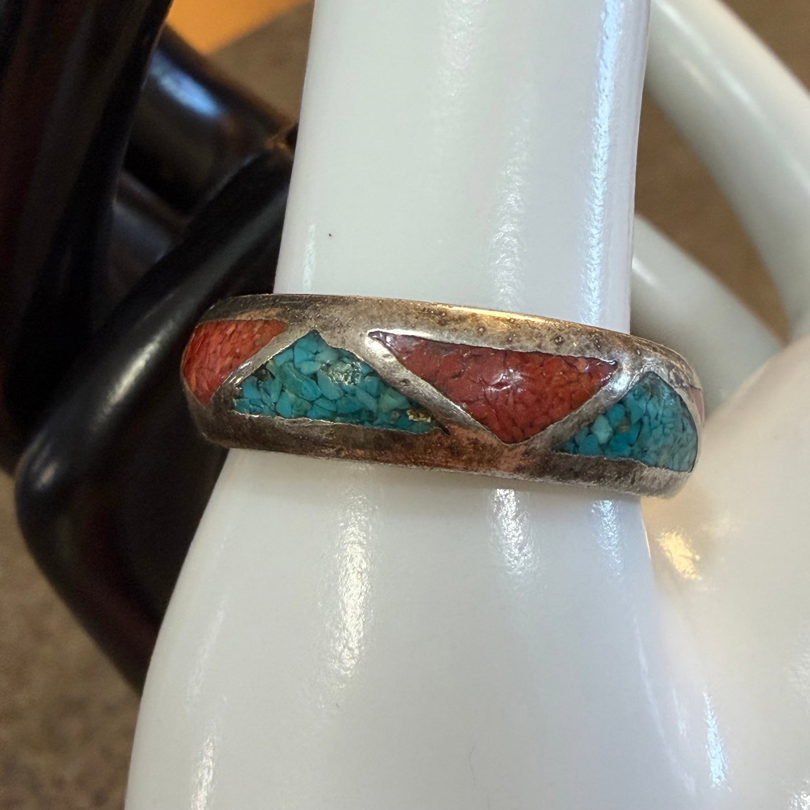 Vintage Native American Sterling Silver Turquoise Coral Old Pawn Ring Sz 11.5 7.27g 925: Maker: Unmarked, likely Old Pawn. / Material: Sterling Silver. / Stone: Chips of Turquoise and Coral. / Size: 11.5. / Weight: 7.27 grams. / Condition: Great, ready to enjoy! / Sold as is. Measurements