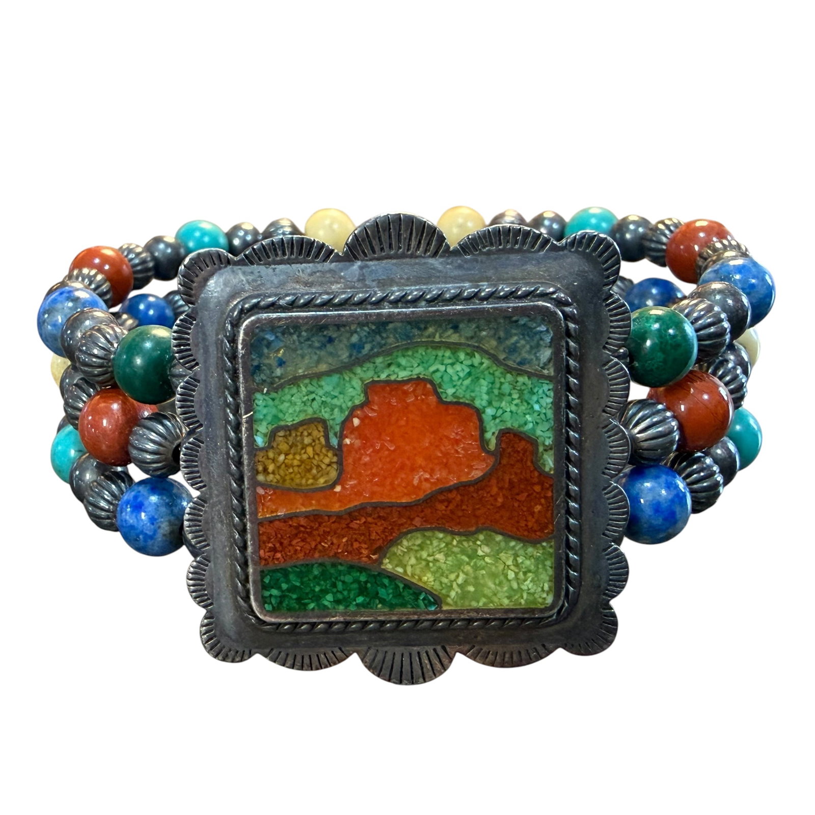 Vintage Sterling Silver Beaded Mosaic Scene Flexible Bracelet Carolyn Pollack Relias 31.70g 925: Maker: Carolyn Pollack. / Material: Sterling Silver. / Stone: Mosaic framed center, with beads of silver, Turquoise, Lapis, Malachite, Coral. / Size: Opening measures 5.4 cm x 5.0 cm with flex. Face m
