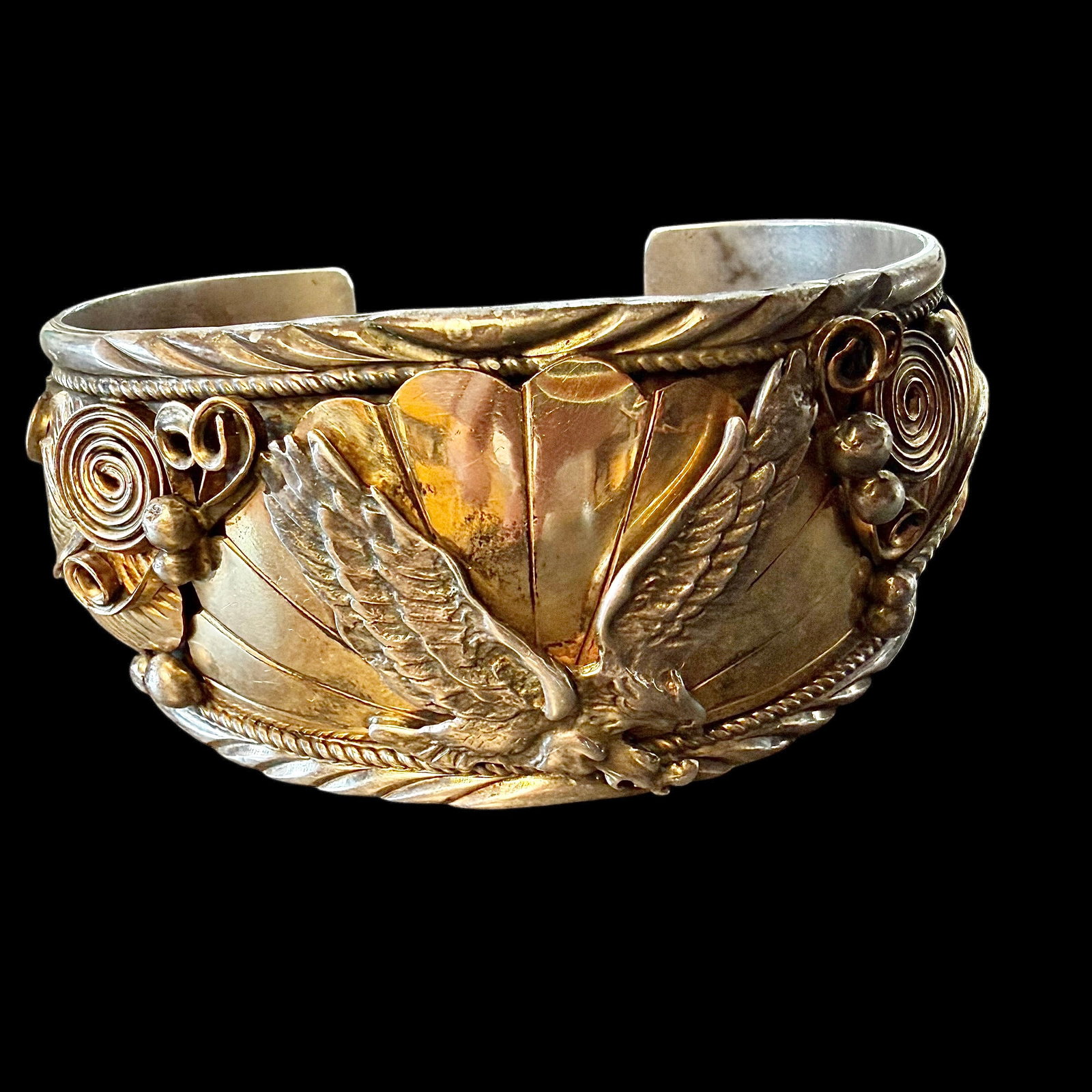 Sterling Silver Gold Tone Eagle Cuff Bracelet Native American Allen Chee 7cm x 5cm Flex 81.93g 925 (1 of 10)