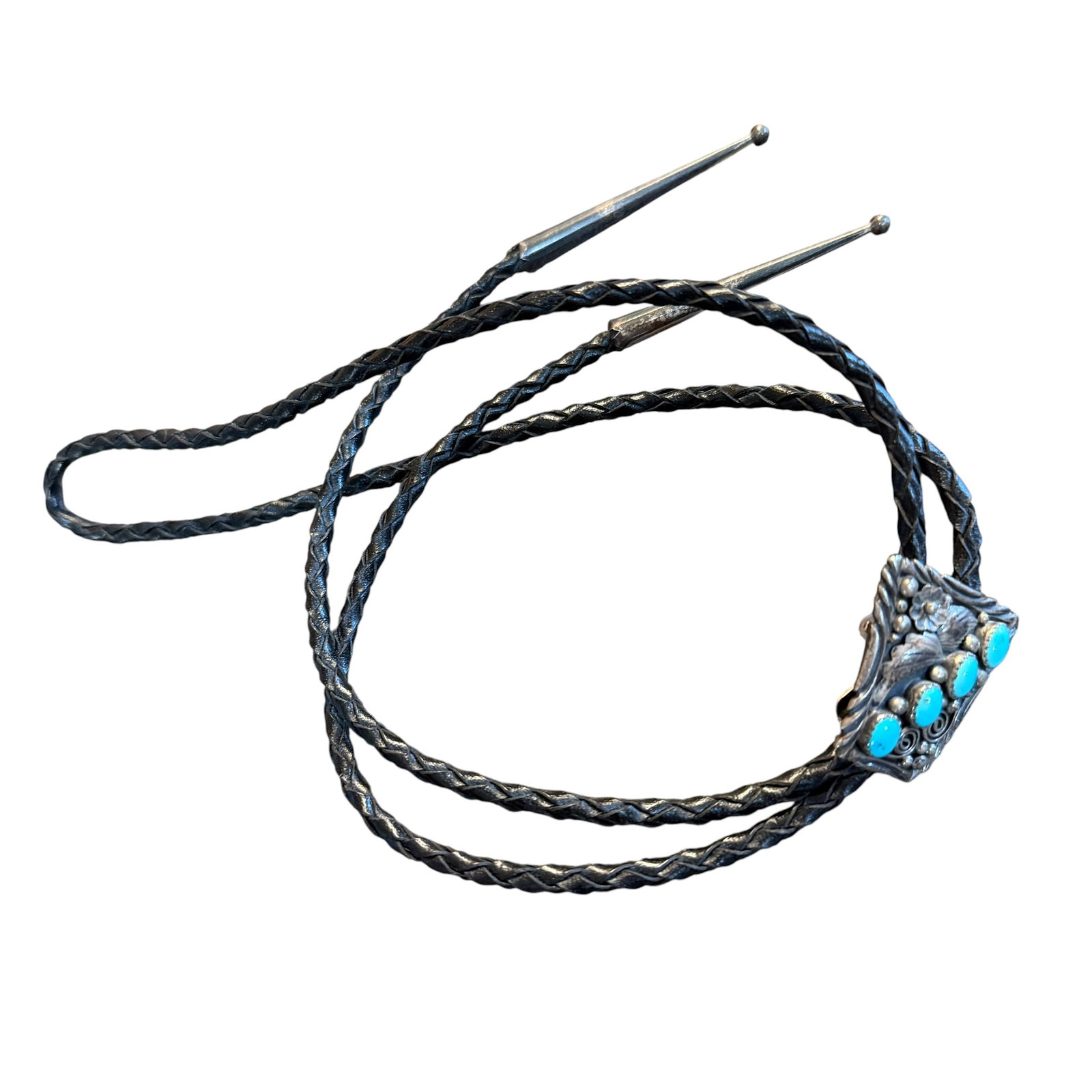 Vintage Native American Bolo Tie Sterling Silver Turquoise 20” 21.16g 925 Leather Signed: Maker: Signed as shown, unknown. / Material: Sterling Silver and Leather. / Stone: Turquoise. / Size: Center piece 1 1/4” x 1 1/4”. 20” Length from top of loop to tip of cone. / Weig