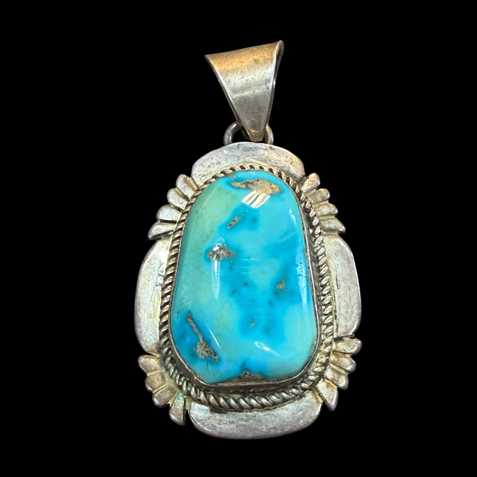 Large Vintage Native American Sterling Silver Turquoise Necklace Pendant. 2” 27.90g 925 Signed: Maker: Marked as shown, __ Song. / Material: Sterling Silver. / Stone: Turquoise. / Size: Face measures 2” x 1 5/16” withough top loop. / Weight: 27.90 grams. / Condition: Great, ready to 