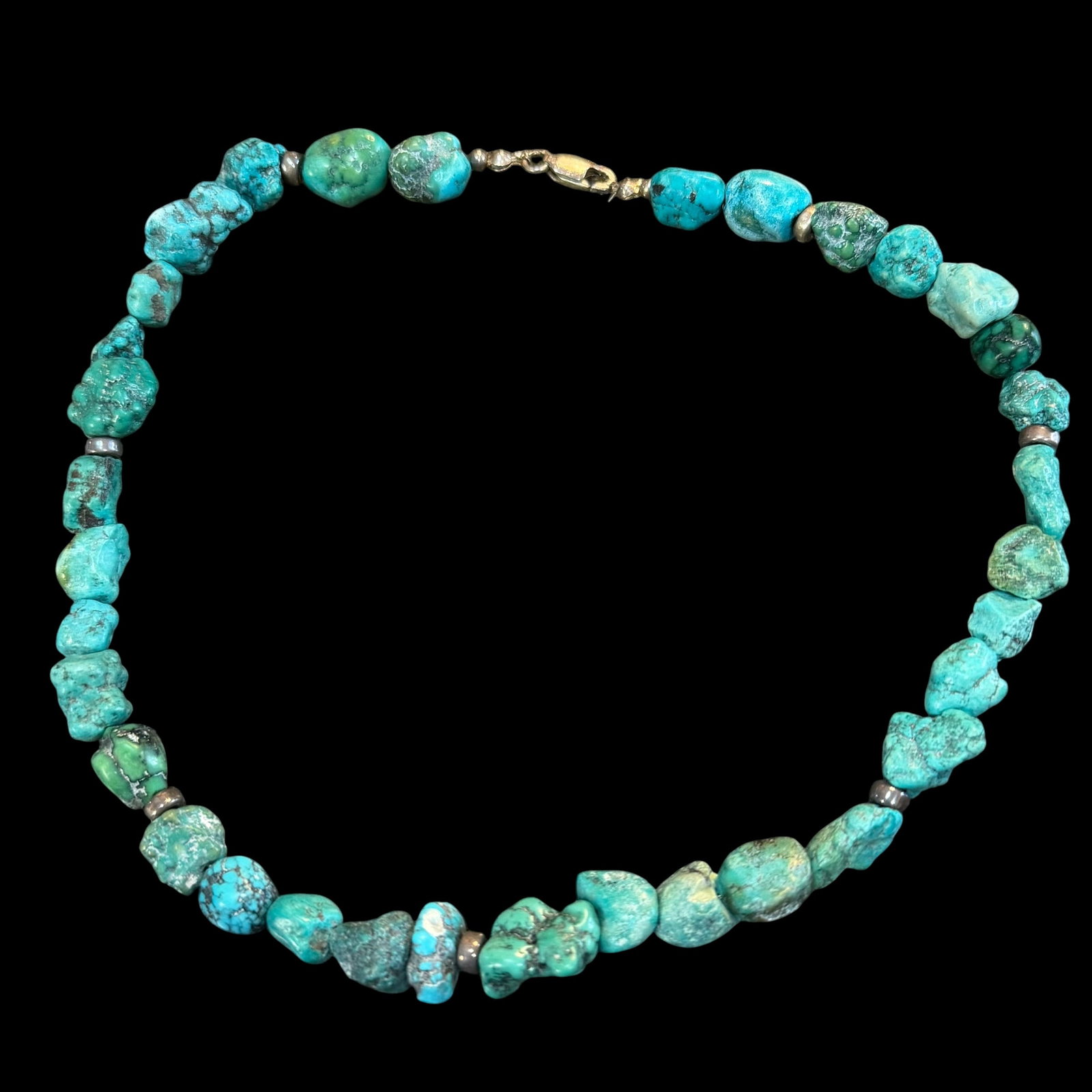 Vintage Native American Turquoise Necklace w/ Sterling Silver Beads Hooks 16” Long 925 Old: Maker: Unmarked, likely Old Pawn. / Material: Sterling Silver beads and hooks. / Stone: Turquoise. / Size: 16” long overall. / Condition: Great, ready to enjoy. / Sold as is. Measurements are ap