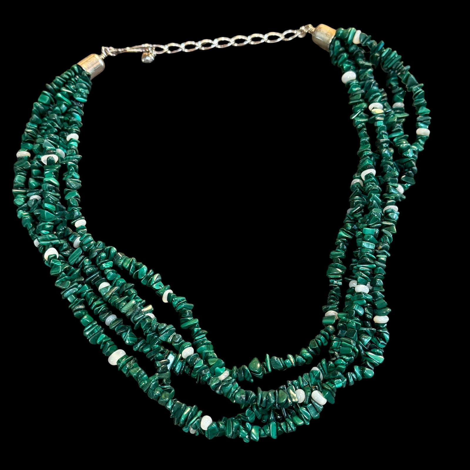 Vintage 5 Strand Green Malachite Sterling Silver Necklace DTR Desert Rose Trading China 19.5”: Maker: Desert Rose Trading, China. / Material: Sterling Silver ends and chain. / Stone: Green malachite. I’m not certain if the whites are stone or glass. / Size: 19 1/2” long overall. / Condi