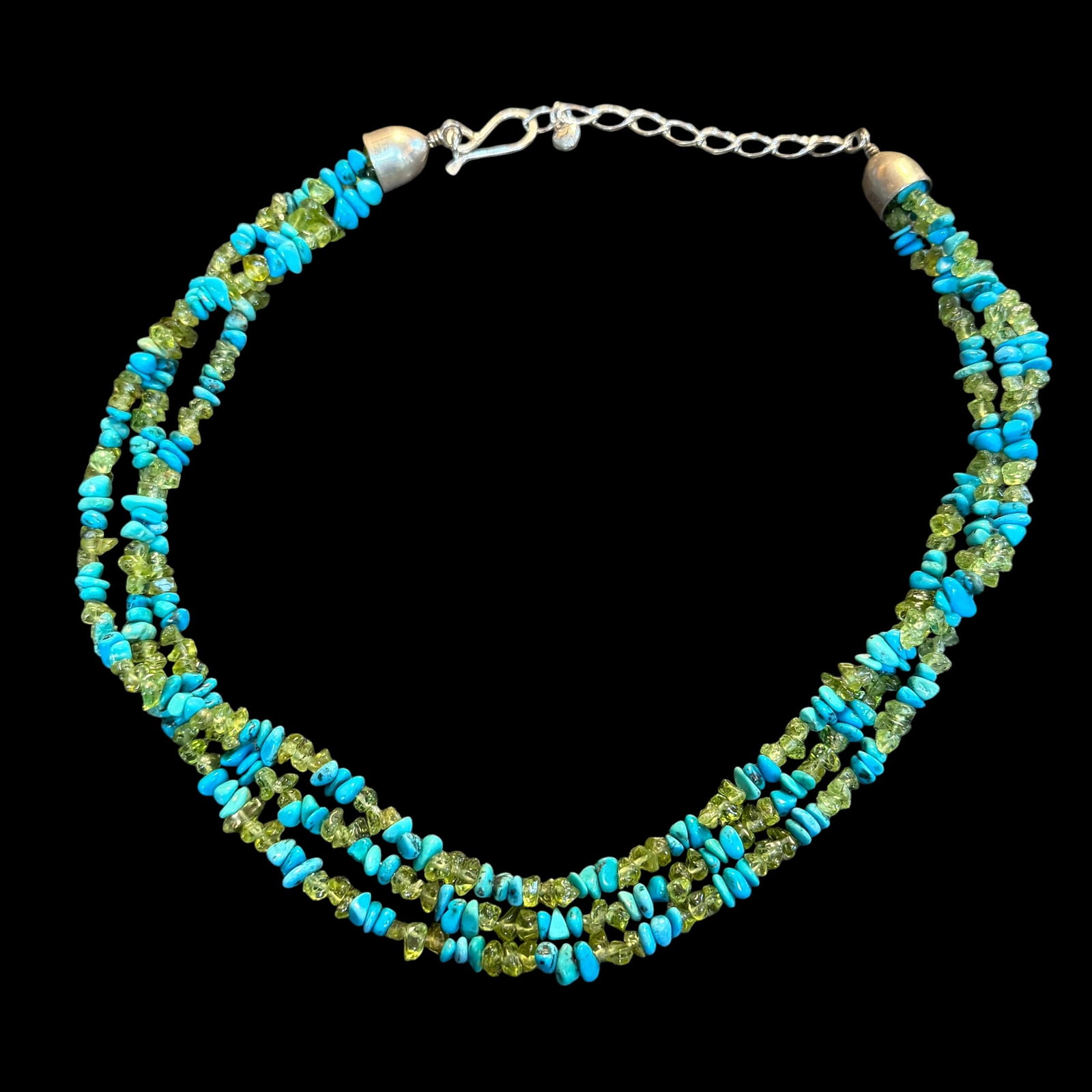 Vintage 3 Strand Turquoise Glass Sterling Silver Necklace DTR Desert Rose Trading China 20”: Maker: Desert Rose Tradiing, China. / Material: Sterling Silver ends and chain. / Stone: Turquoise and yellow/green glass. / Size: 20” long. / Condition: Great, ready to enjoy. / Sold as is. Mea