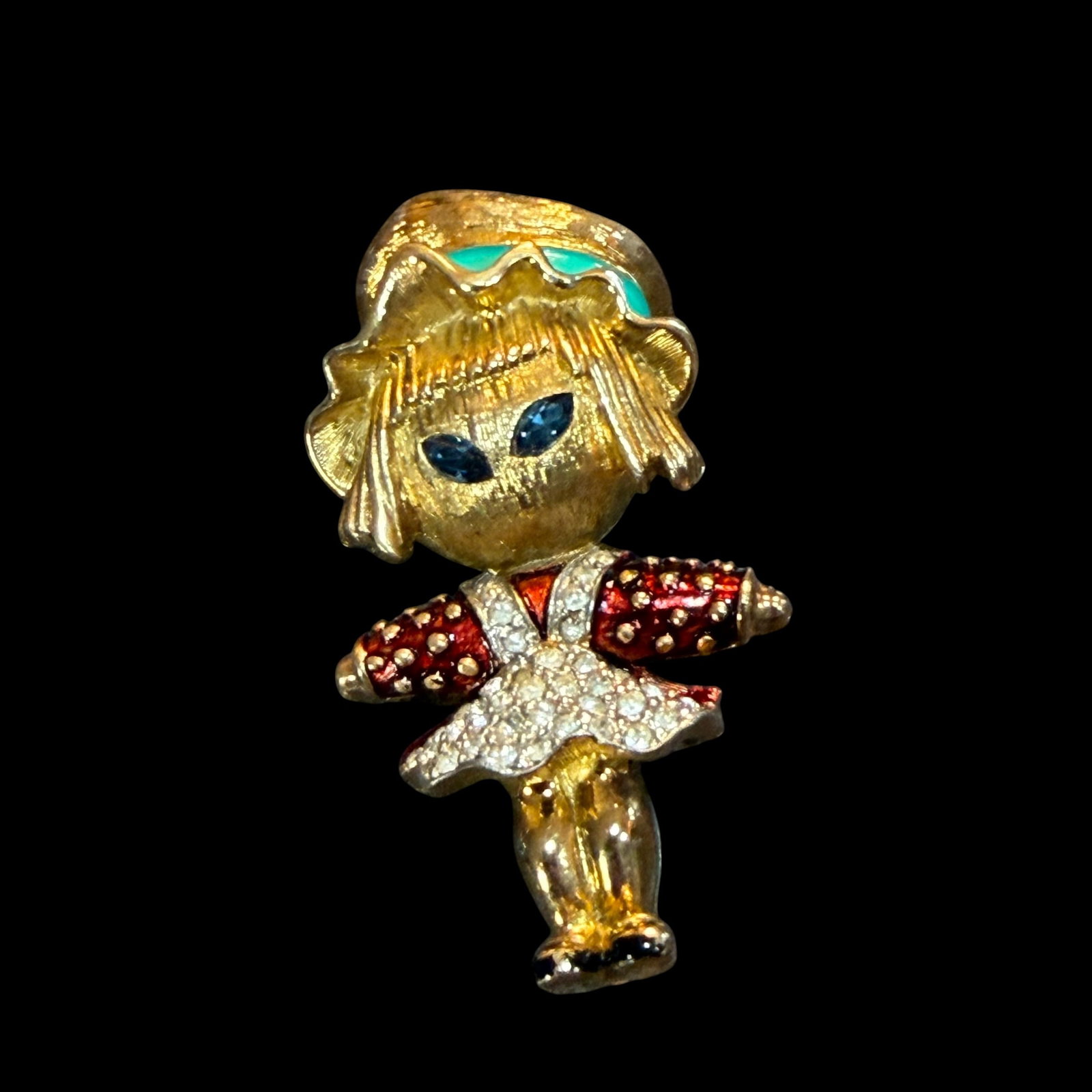 Vintage 1960s 1970s Jomaz Girl Brooch Pin Enamaled Gold Tone 2” MCM: Maker: Unmarked, but I believe it to be Jomaz. / Material: Gold tone base metal with enameling. / Stones: Unknown blue and white stones. / Size: 2” x 1 1/8”. / Condition: Please note that 
