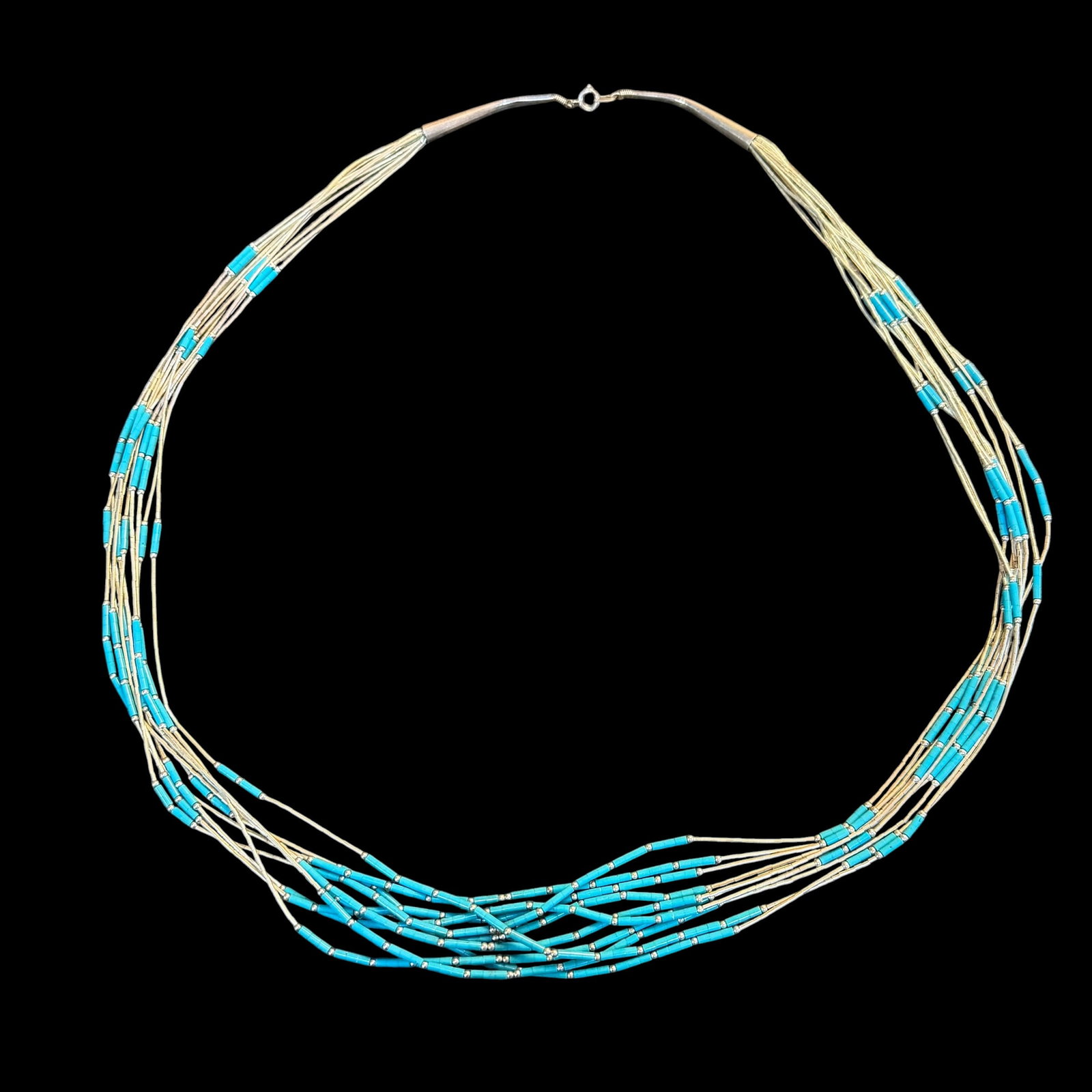 Vintage Native American Sterling Liquid Silver Turquoise 10 Strand Necklace 31” 42.23g 925: Maker: Mark shown, unknown. / /Material: Sterling Silver. / Stone: Turquoise. / Size: 31” long overall. / Weight: 42.23 grams. / Condition: Great, ready to enjoy. / Sold as is. Measurements are 
