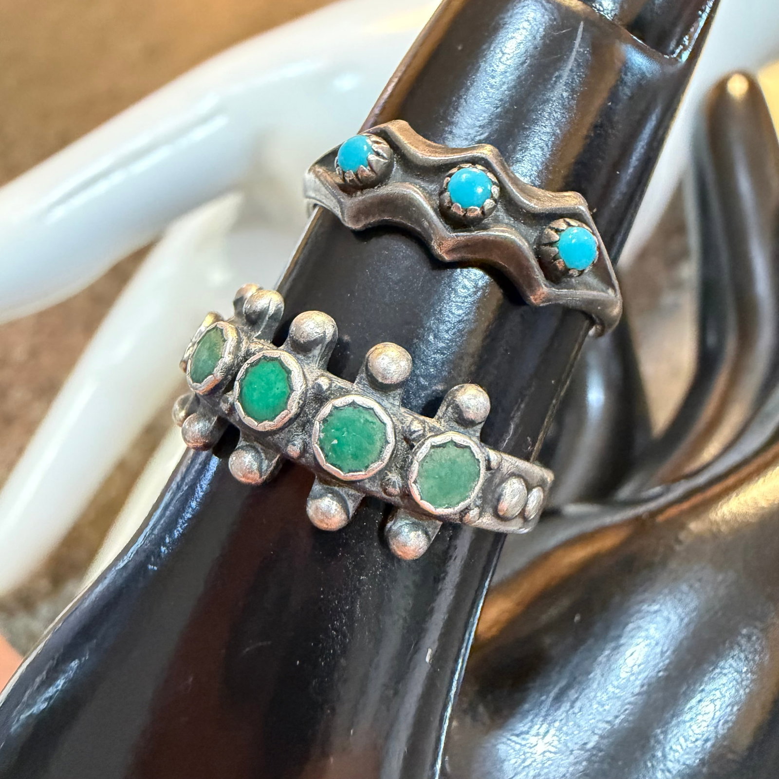 2 Vintage Sterling Silver Native American Turquoise Rings Sz 6.75 7 4.80g 925 Old Pawn: Maker: Unknown, possibly Old Pawn. / Material: Sterling Silver. / Stone: Turquoise. / Size: 6.75 and 7. / Weight: 4.80 grams combined. / Condition: Great, ready to enjoy! / Sold as is. Measurements ar