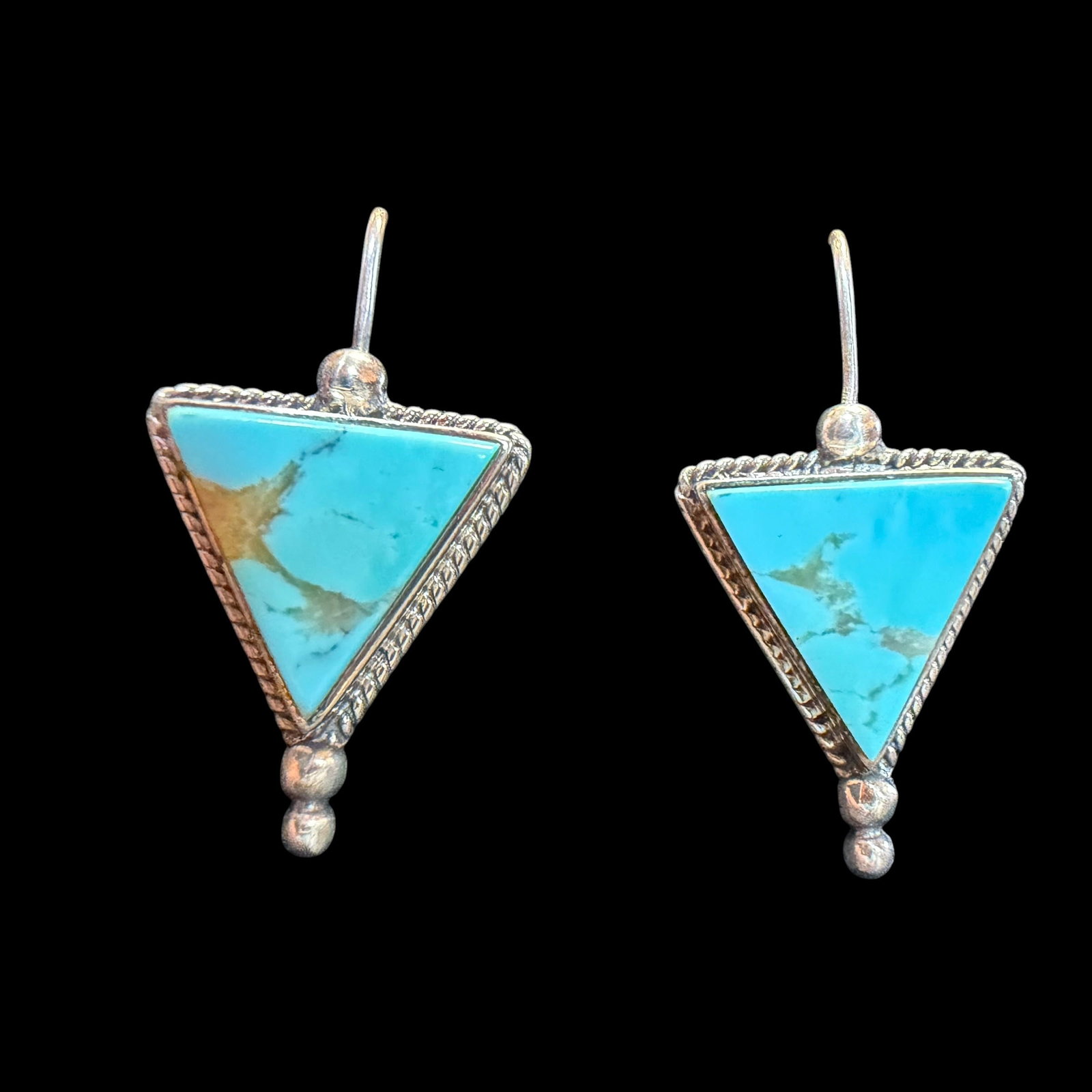 Vintage Sterling Silver Turquoise Triangular Earrings PRECIV 1 3/16” 5.0g 925: Maker: PRECIV, as shown. / Material: Sterling Silver. / Stone: Turquoise. / Size: 1 3/16” x 5/8” ea not including the hook. / Weight: 5.00 grams. / Condition: Great, ready to enjoy! / Sold