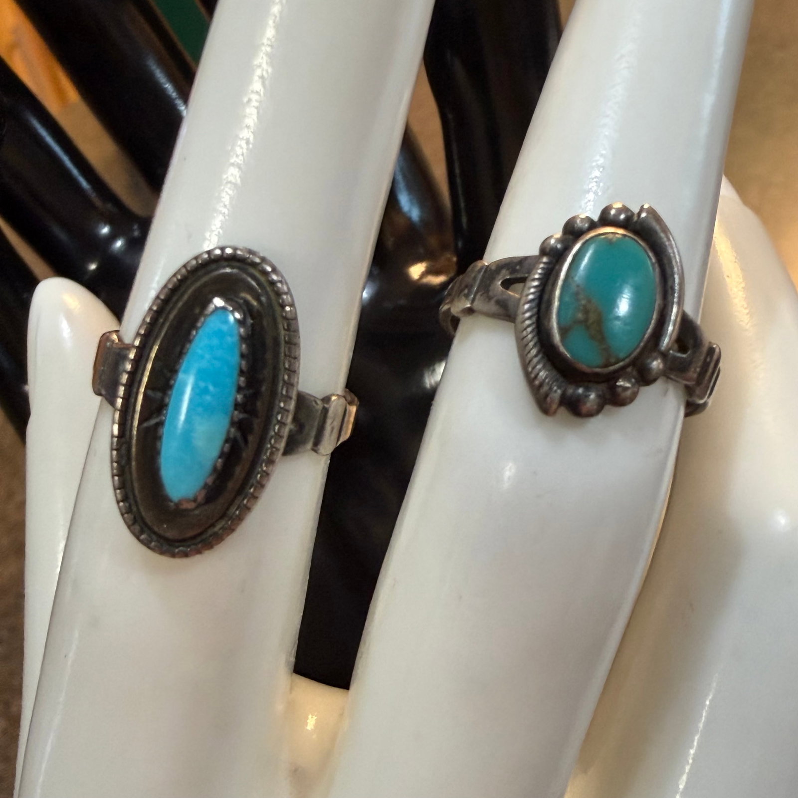 2 Vintage Sterling Silver Native American Turquoise Rings Bell Trading Post Sz 5 5.5 5.32g 925: Maker: Bell Trading Post on both. / Material: Sterling Silver. / Stone: Turquoise. / Size: 5 and 5.5 as shown. / Weight: 5.32 grams combined. / Condition: Great, ready to enjoy! / Sold as is. Measurem