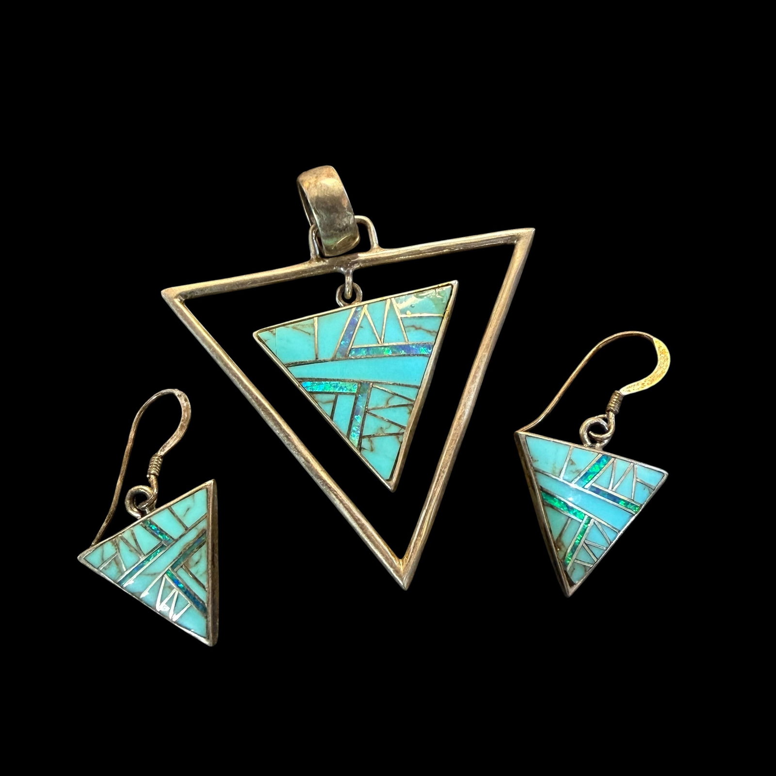 Vintage Sterling Silver Turquoise Opal Inlay Earrings Necklace Pendant 8.70g 925 JN: Maker: Signed JN. Unknown. / Material: Sterling Silver. / Stone: Turquoise and Opal. / Size: 1 5/8” triangle pendant. 5/8” triangle earrings. / Weight: 8.70 grams combined. / Condition: Gr