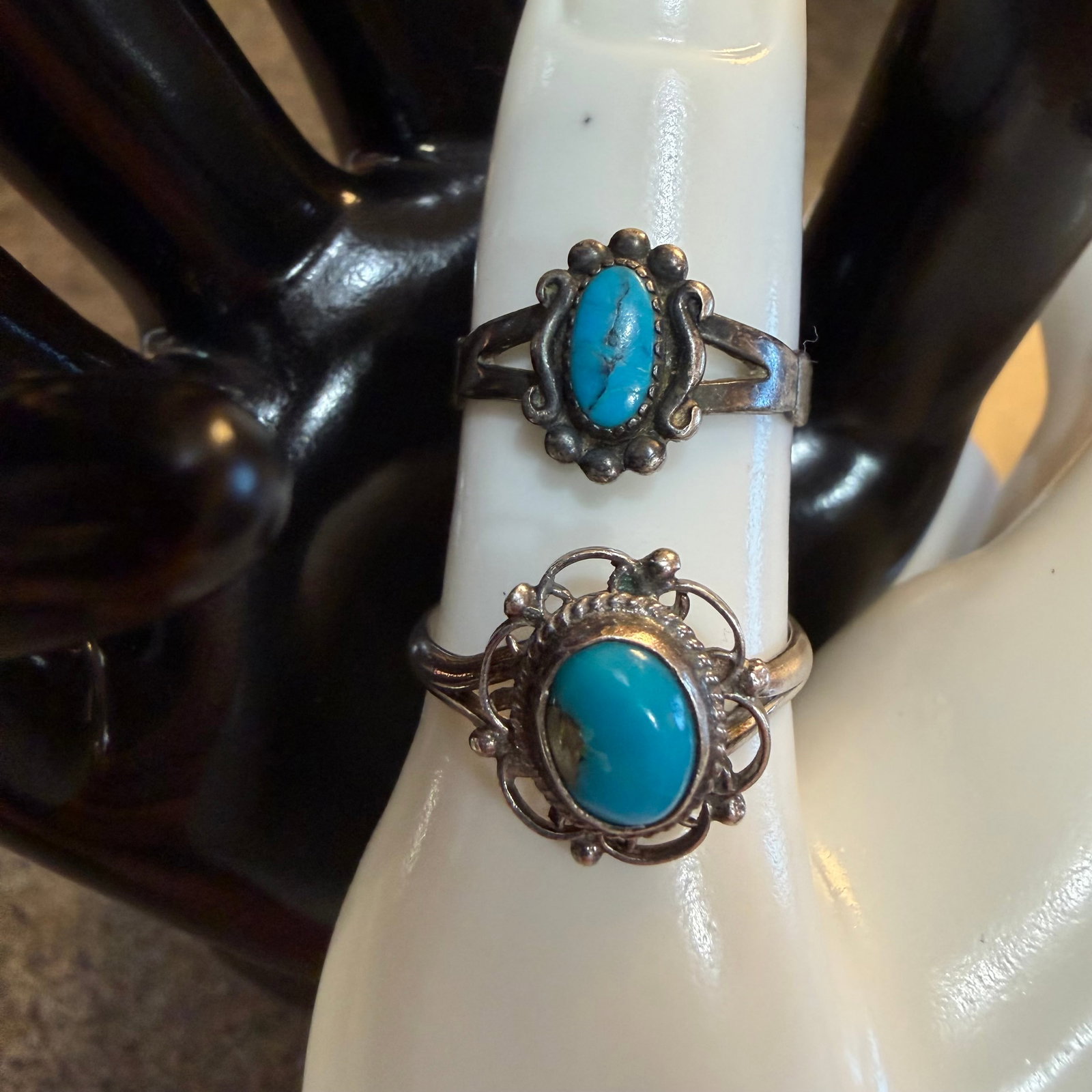 2 Vintage Sterling Silver Turquoise Native American Rings Wheeler Co. Signed Sz 7.25 8.5 4.74g 925: Maker: Wheeler Co and unknown. / Material: Sterling Silver. / Stone: Turquoise. / Size: 7.25 and 8.5 as shown. / Weight: 4.74 grams combined. / Condition: Great, ready to enjoy! / Sold as is. Measurem