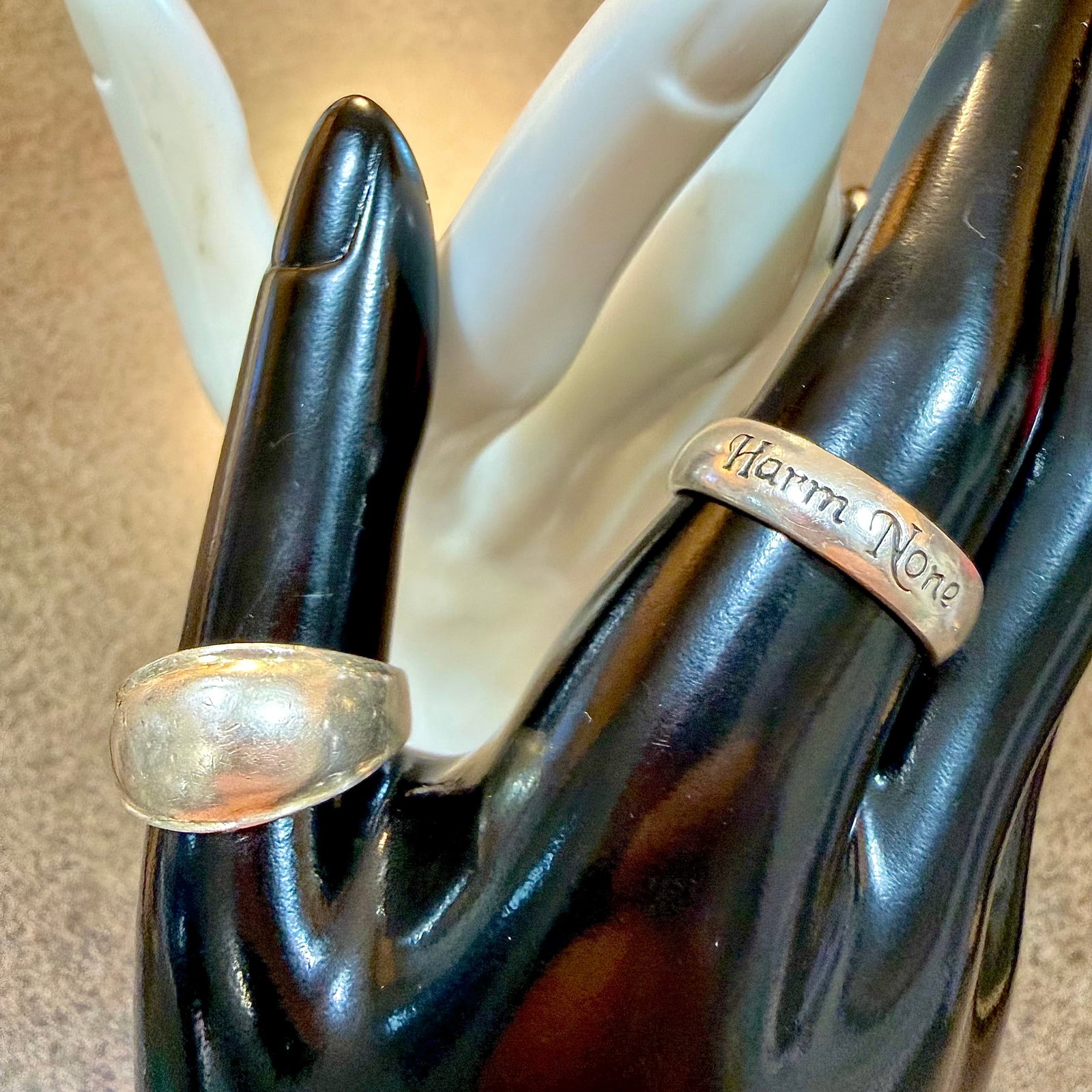 2 Vintage Sterling Silver Rings Harm None Band Boho Style Sz 8.5 11.5 9.68g 925: Maker: Harm None marked RSCL, other unsigned. / Material: Sterling Silver. / Stone: None. / Size: As shown, 8.5 and 11.5. / Weight: 9.68 grams combined. / Condition: Great, ready to enjoy! Sold as is.