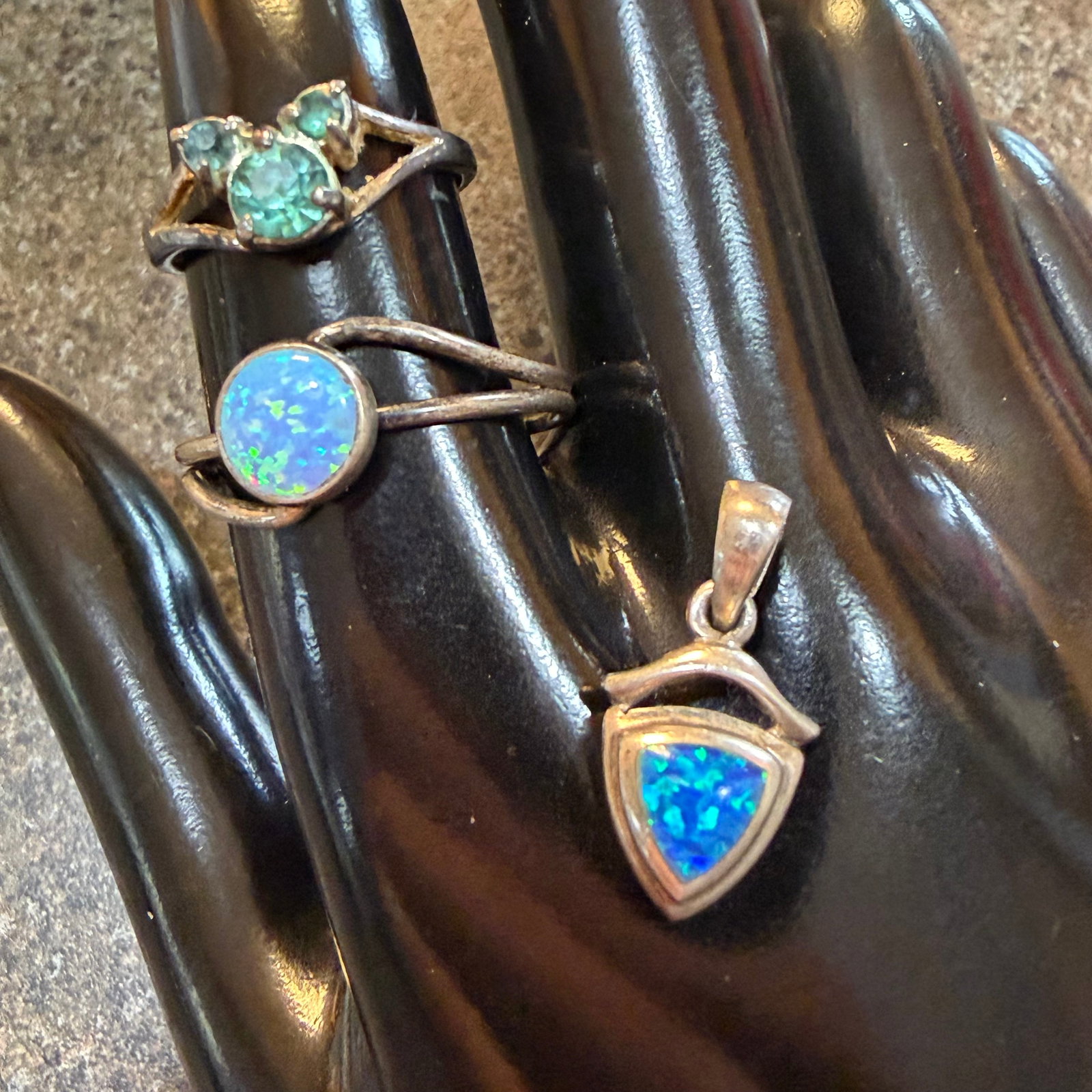 2 Vintage Sterling Silver Opal Sz 10.25 Plated Disney Sz 7 Rings Blue Opal Necklace Pendant 4.3g 925: Maker: Mickey Mouse ring signed Disney, other ring unsigned. Pendant unsigned. / Material: Sterling Silver ring and pendant, Mickey ring appears to be plated. / Stone: Opal, though I believe they are 