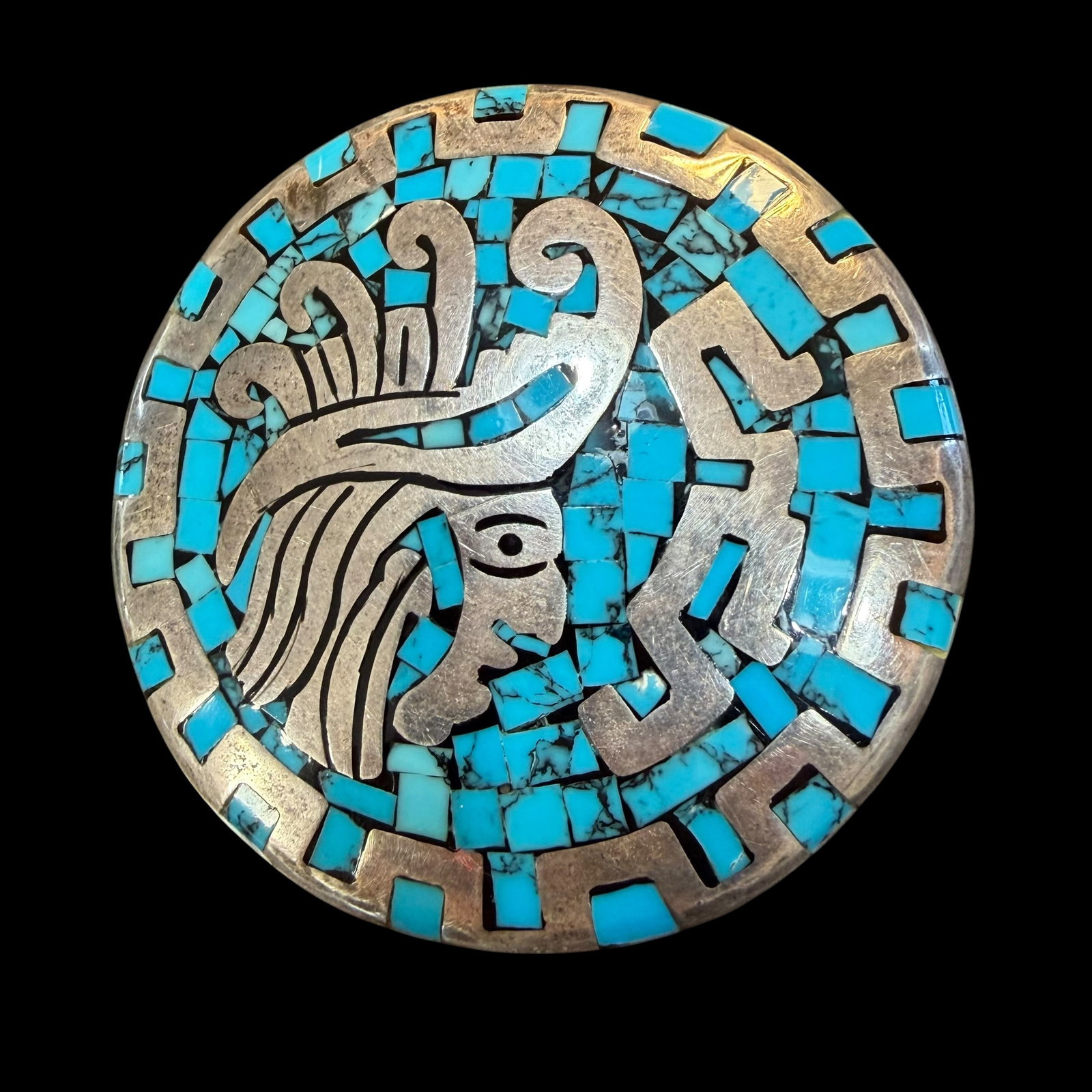 Vintage Sterling Silver Turquoise Inlay Mayan Aztec Trinket Box Mexico TR-10 2 5/16” 83.13g: Maker: TR-10 Mexico. / Material: Sterling Silver. / Stone: Turquoise inlays. / Size: 2 5/16” diameter. 7/8” high. / Weight: 83.13 grams. / Condition: Great, ready to enjoy. / Sold as is. M