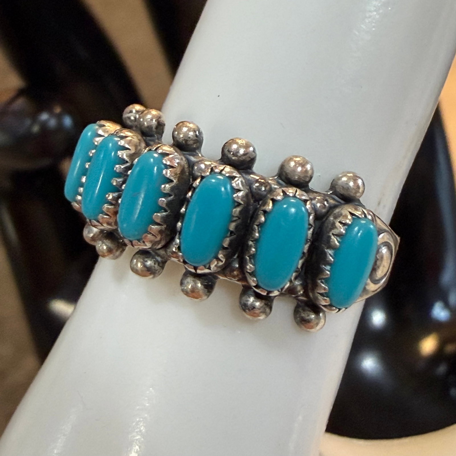 Vintage Native American Sterling Silver Turquoise Old Pawn Ring Sz 7.5 3.87g 925: Maker: Likely Old Pawn, unmarked. / Material: Sterling Silver. / Stone: Turquoise. / Size: 7.5. 3/8” wide. / Weight: 3.87 grams. / Condition: Great, ready to enjoy. / Sold as is. Measurements ar