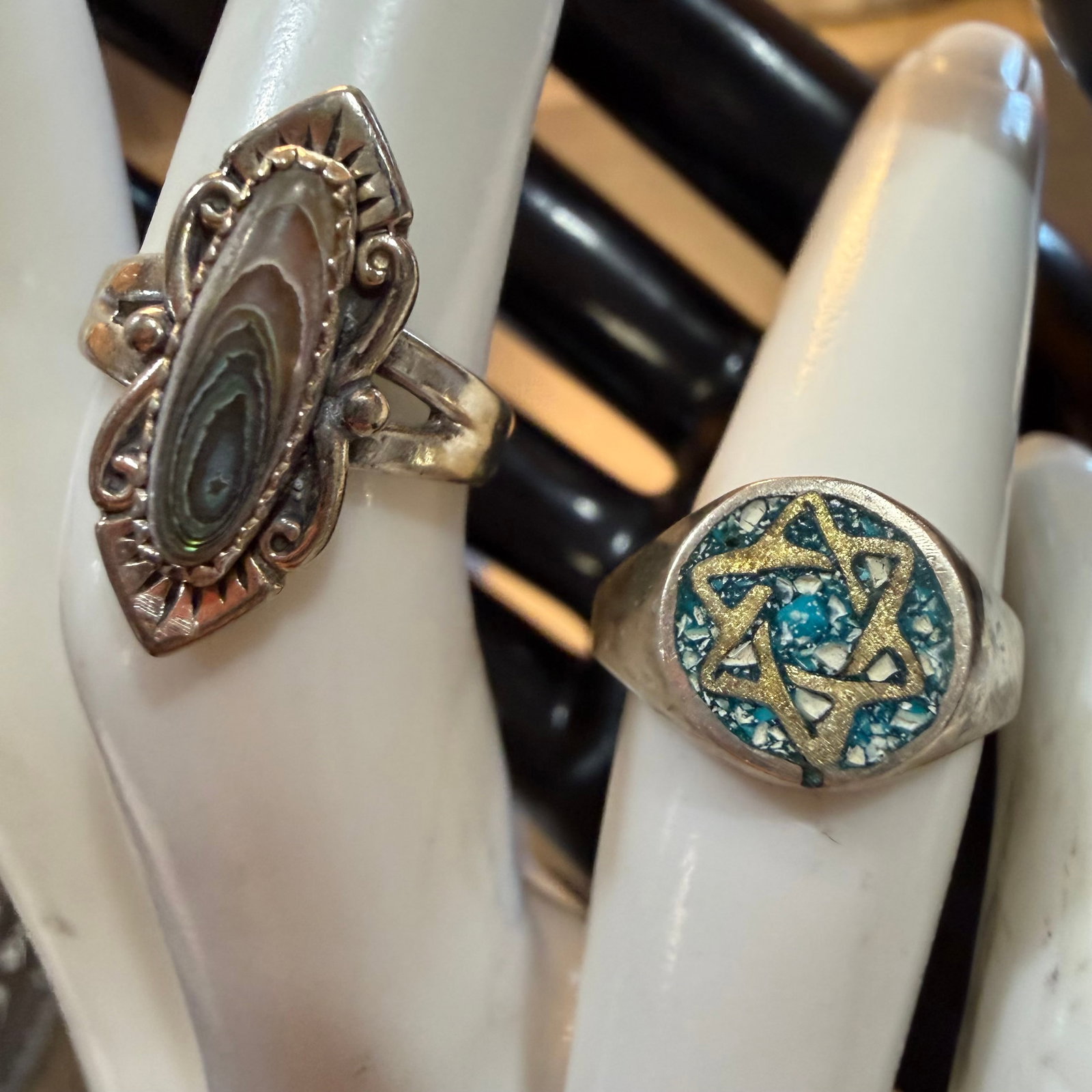 2 Vintage Sterling Silver Rings Native American Old Pawn Abalone Mexico Enamel Star 6.64g 925: Maker: Mexico and likely Old Pawn. / Material: Sterling Silver. / Stone: Enamel and Abalone. / Size: Star is 6.25. Abalone 5.5. / Weight: 6.64 grams combined. / Condition: Great, ready to enjoy. / Sol