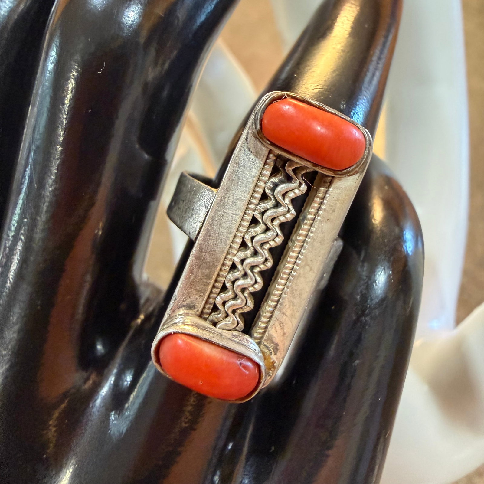 Vintage Old Pawn Native American Sterling Silver Coral Ring Sz 6 5.60g 925: Maker: Unmarked, likely Old Pawn. / Material: Sterling Silver. / Stone: Coral. / Size: 6. Face measures 1” x 7/16”. / Weight: 5.60 grams. / Condition: Great, ready to enjoy. / Sold as is. 
