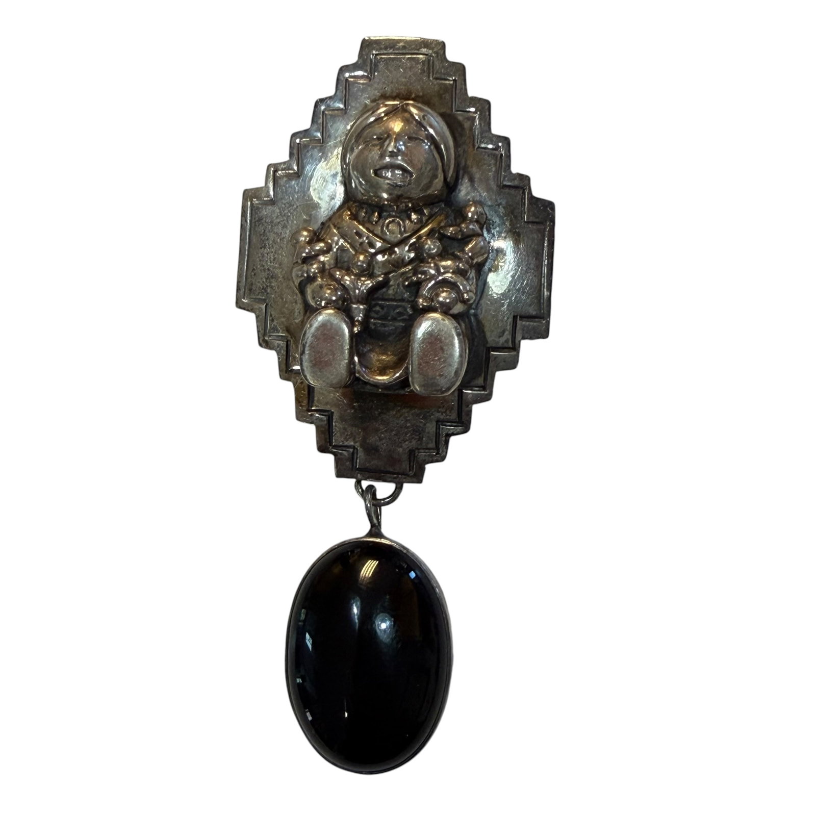 Vintage Native American Carol Felley Storyteller Necklace Pendant Brooch Pin 31.51g 925 3.25”: Maker: Carol Felley. / Material: Sterling Silver. / Stone: Black Onyx. / Size: 3 1/4” x 1 3/4”. / Weight: 31.51 grams. / Condition: Great, ready to enjoy. / Sold as is. Measurements are ap