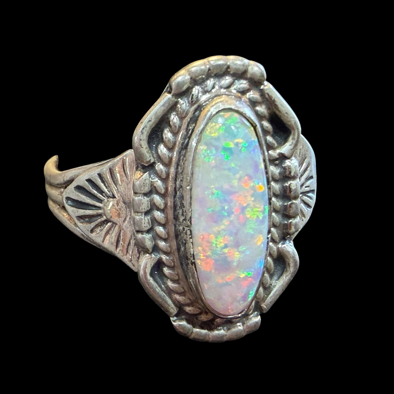 Vintage Native American Sterling Silver Opal Ring Sz 8 4.90g 925: Maker: Likely Old Pawn, unsigned. / Material: Sterling Silver. / Stone: Opal, possibly Simulated. / Size: 8. Face measures 3/4” x 7/16”. / Weight: 4.90 grams. / Condition: Great, ready to 