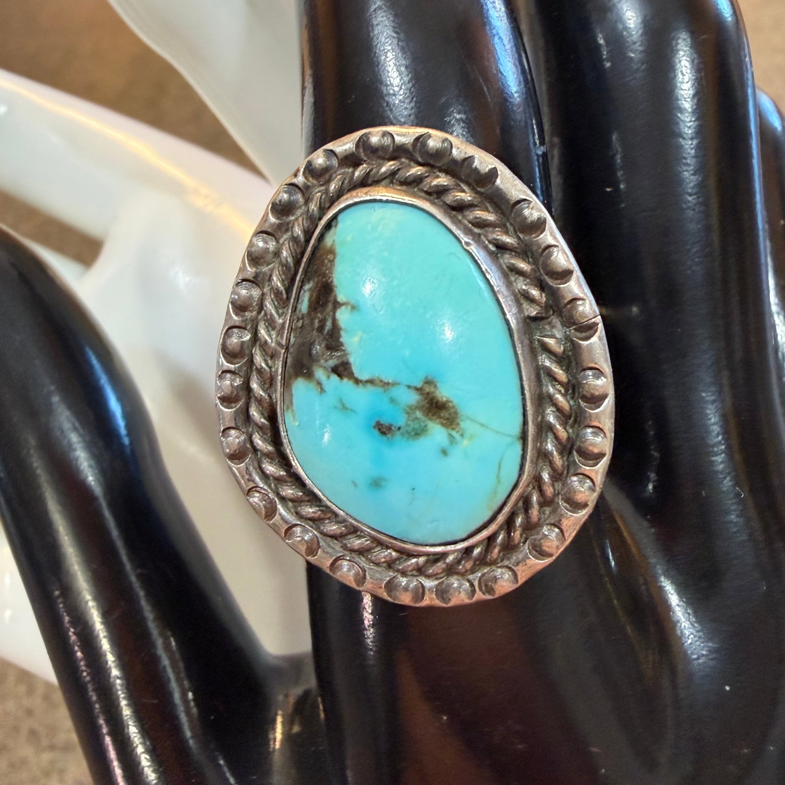 Vintage Native American Sterling Silver Turquoise Ring Old Pawn Sz 8 7.34g 925: Maker: Unmarked, likely Old Pawn. / Material: Sterling Silver. / Stone: Turquoise. / Size: 8. Face measures 1 1/8” x 1”. / Weight: 7.34 grams. / Condition: Great, ready to be enjoyed. / So