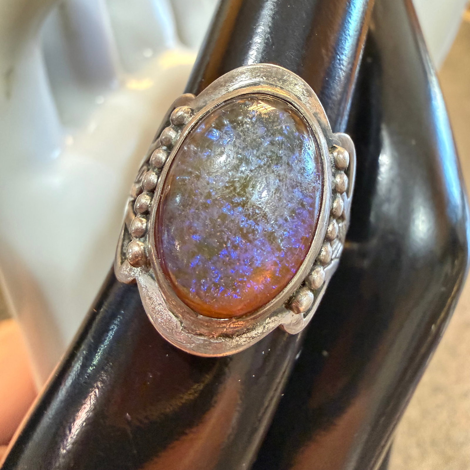 Vintage Native American Sterling Silver Simulated Opal Ring Sz 5.25 4.08g 925: Maker: Possibly Old Pawn. / Material: Sterling Silver. / Stone: I believe it is simulated Opal. / Size: 5.25. Face measures 13/16” wide. / Weight: 4.08g. / Condition: Great, ready to be enjoyed.