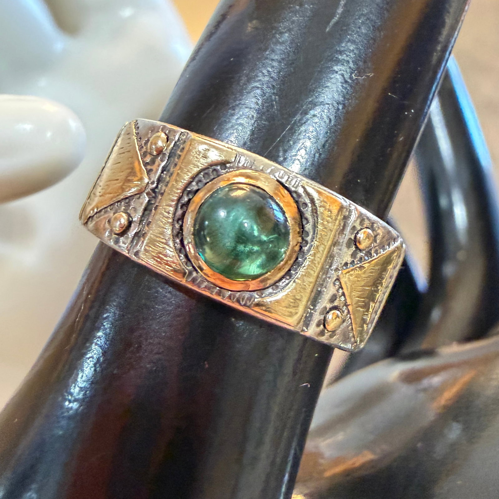 Vintage Sterling Silver Gold Tone Accents Blue Stone Band Ring Art Deco Sz 6.75 7.65g 925: Maker: Unmarked, unknown. / Material: Sterling Silver. / Stone: I believe it is glass. / Size: 6.75. Band measures 5/16” wide. / Weight: 7.65 grams. / Condition: Great, ready to be enjoyed. / So