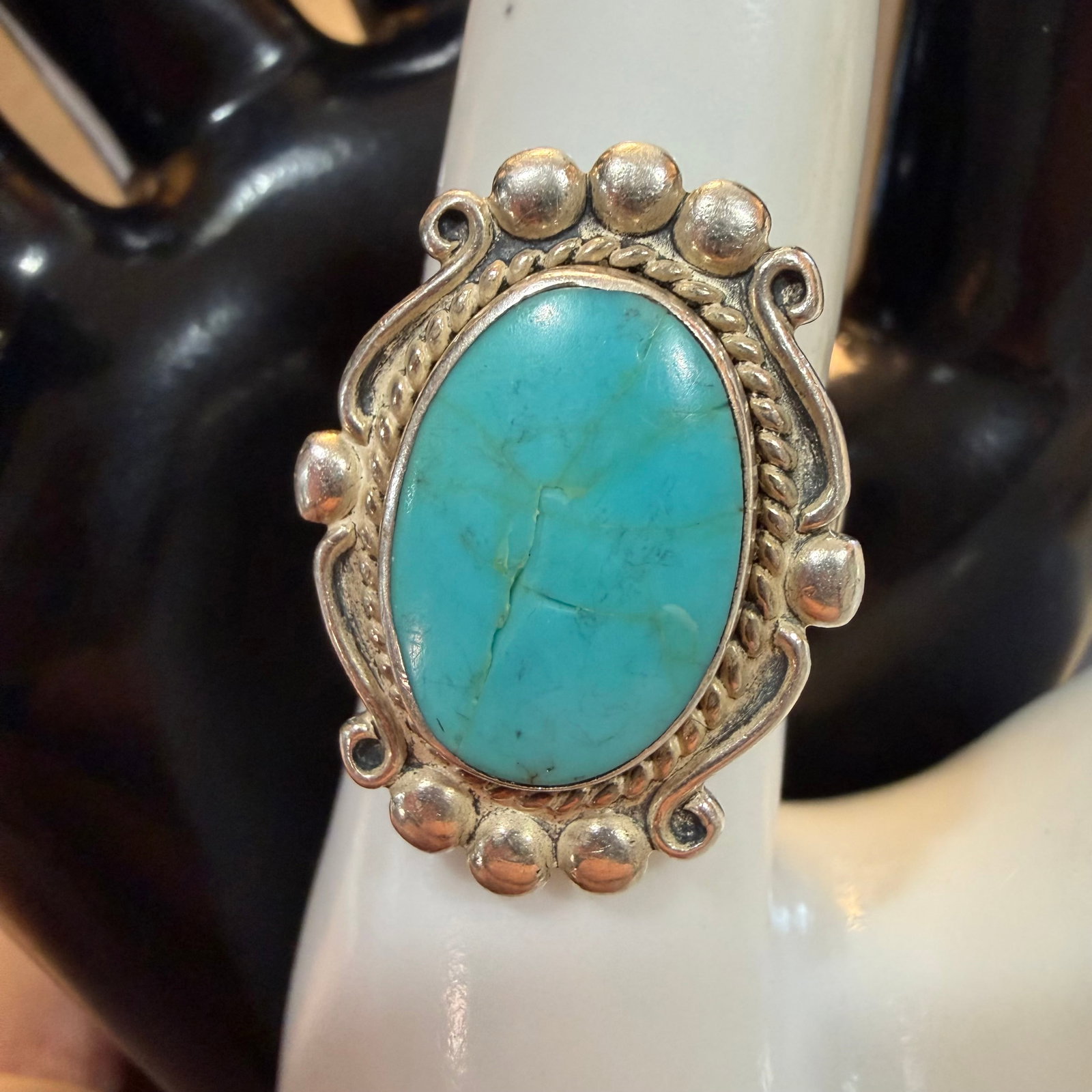 Vintage Native American Bell Trading Post Sterling Silver Turquoise Ring Sz 7 7.24g 925: Maker: Bell Trading Post. / Material: Sterling Silver. / Stone: Turquoise. / Size: 7. Face measures 1” x 3/4”. / Weight: 7.24 grams. / Condition: Great, ready to be enjoyed. / Sold as is. 