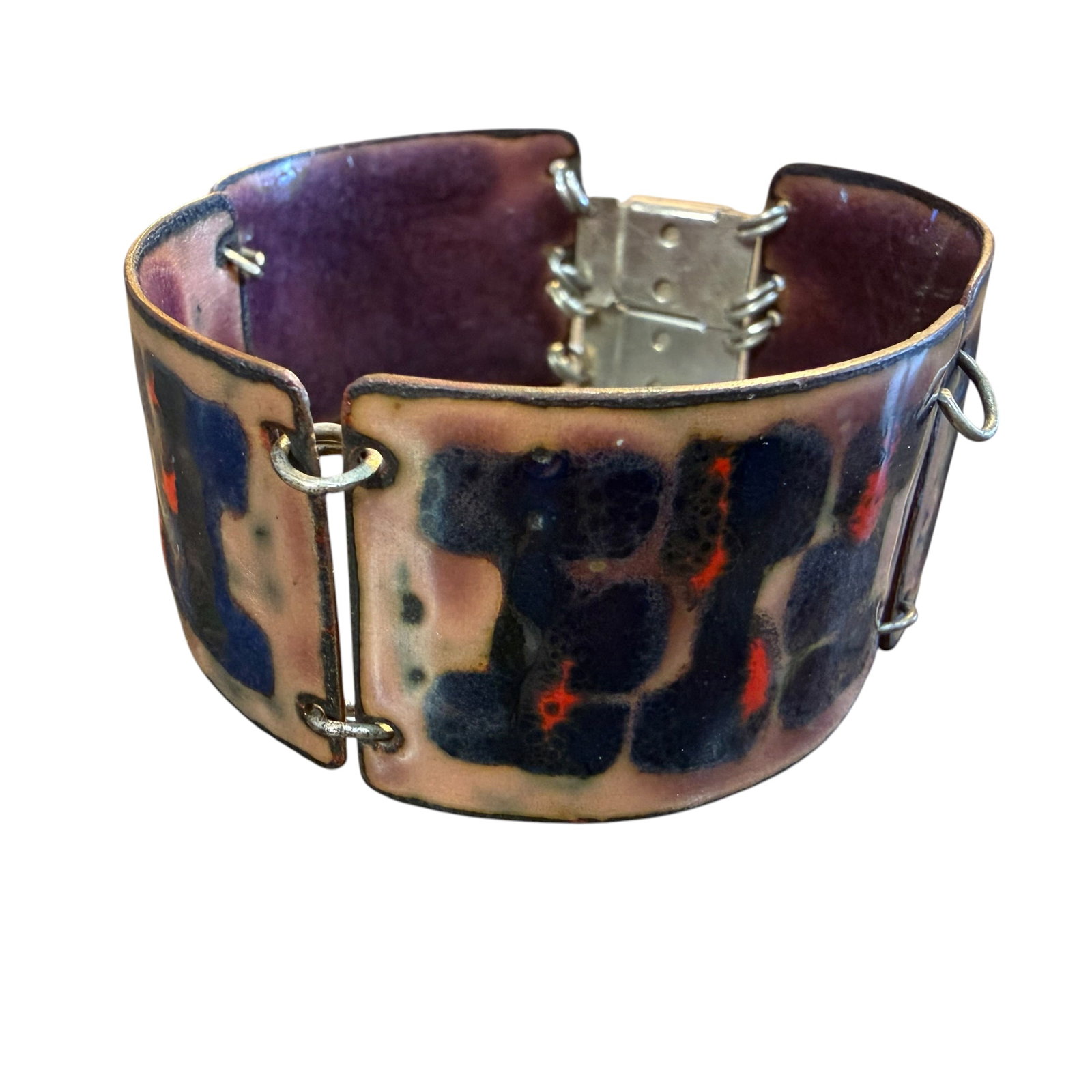 Vintage Enameled Copper Bracelet MCM Boho Style 7.25”: Maker: Unsigned, unknown. / Material: Copper with baked enamel coating. / Size: 7 1/4” long. Bade is 1 1/8” wide. / Condition: Great, ready to be enjoyed. / Sold as is. Measurements are ap