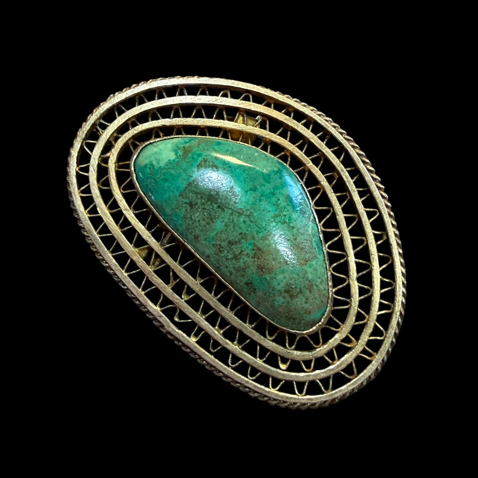 Vintage Native American Gold Tone Sterling Silver Turquoise Brooch Pin Pendant 1 5/8” 6.80g: Maker: Unmarked, possibly Old Pawn. / Material: Sterling Silver, gold tone. / Stone: Turquoise. / Size: 1 5/8” x 1 1/8”. / Weight: 6.80 grams. / Condition: Great, ready to be enjoyed. / So