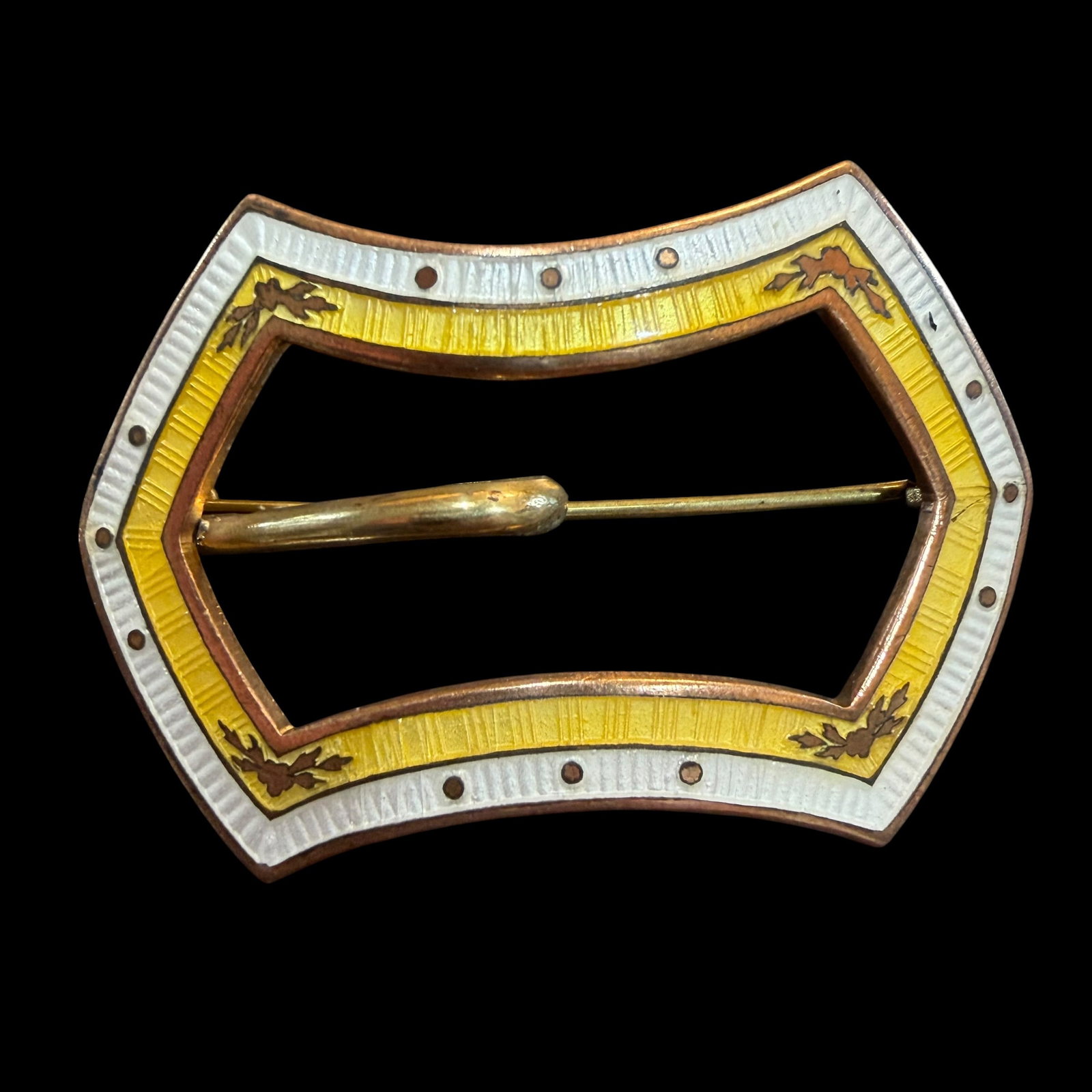 Vintage Antique Victorian Genuine Cloisonné Enamel Buckle Brooch Pin Scarf Clip: Maker: Genuine Cloisonné. / Material: Appears to be enameled copper or copper tone metal. / Size: 2 5/16” x 1 5/8”. / Condition: Great, ready to enjoy. / Sold as is. Measurements are appr