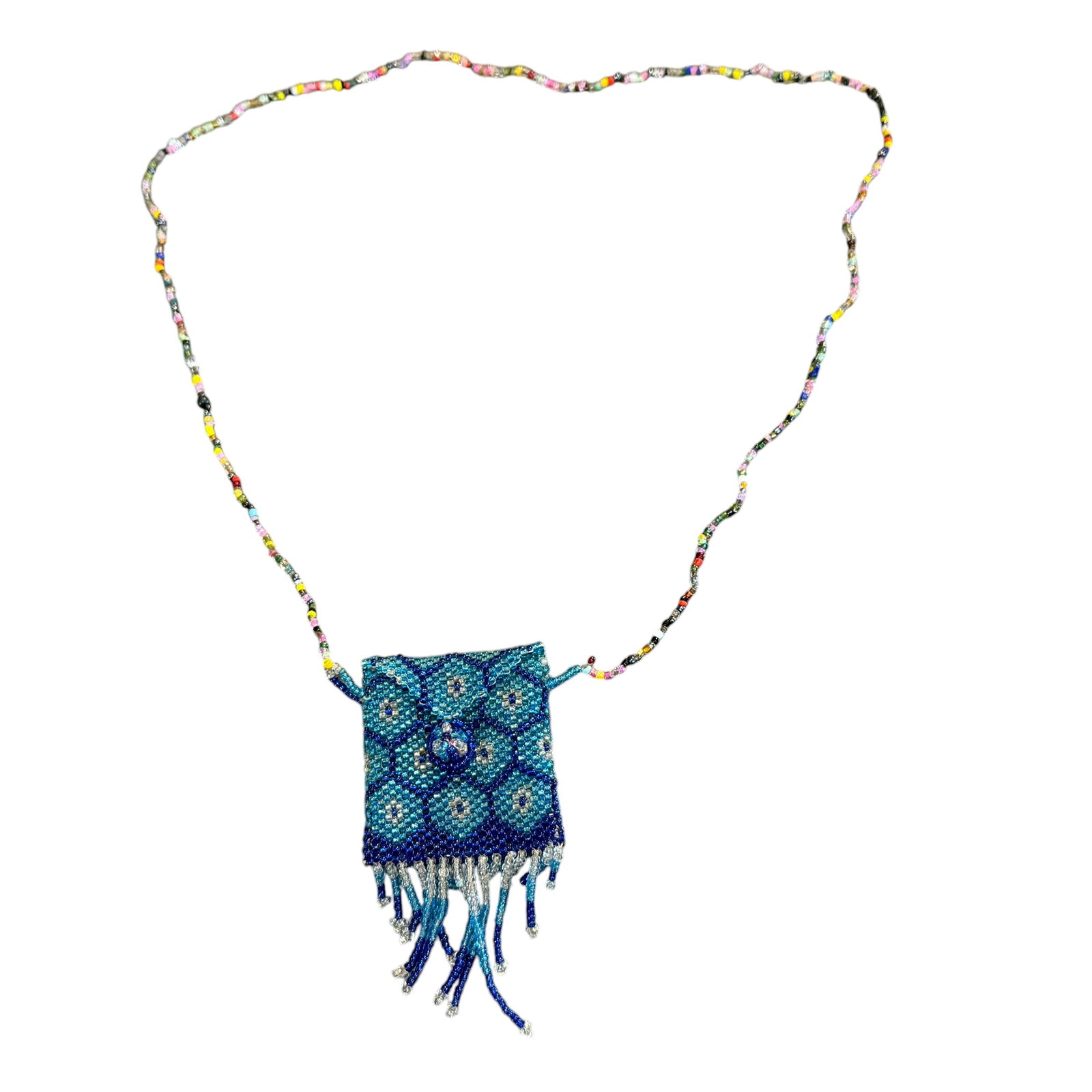 Small Vintage Glass Beaded Handbag Accessories Bag: Maker: Unknown. / Material: Glass beads of multiple colors. / Size: Bag 2” square. Top to bottom measurement 16”. / Condition: Great, ready to be enjoyed. / Sold as is. Measurements are ap