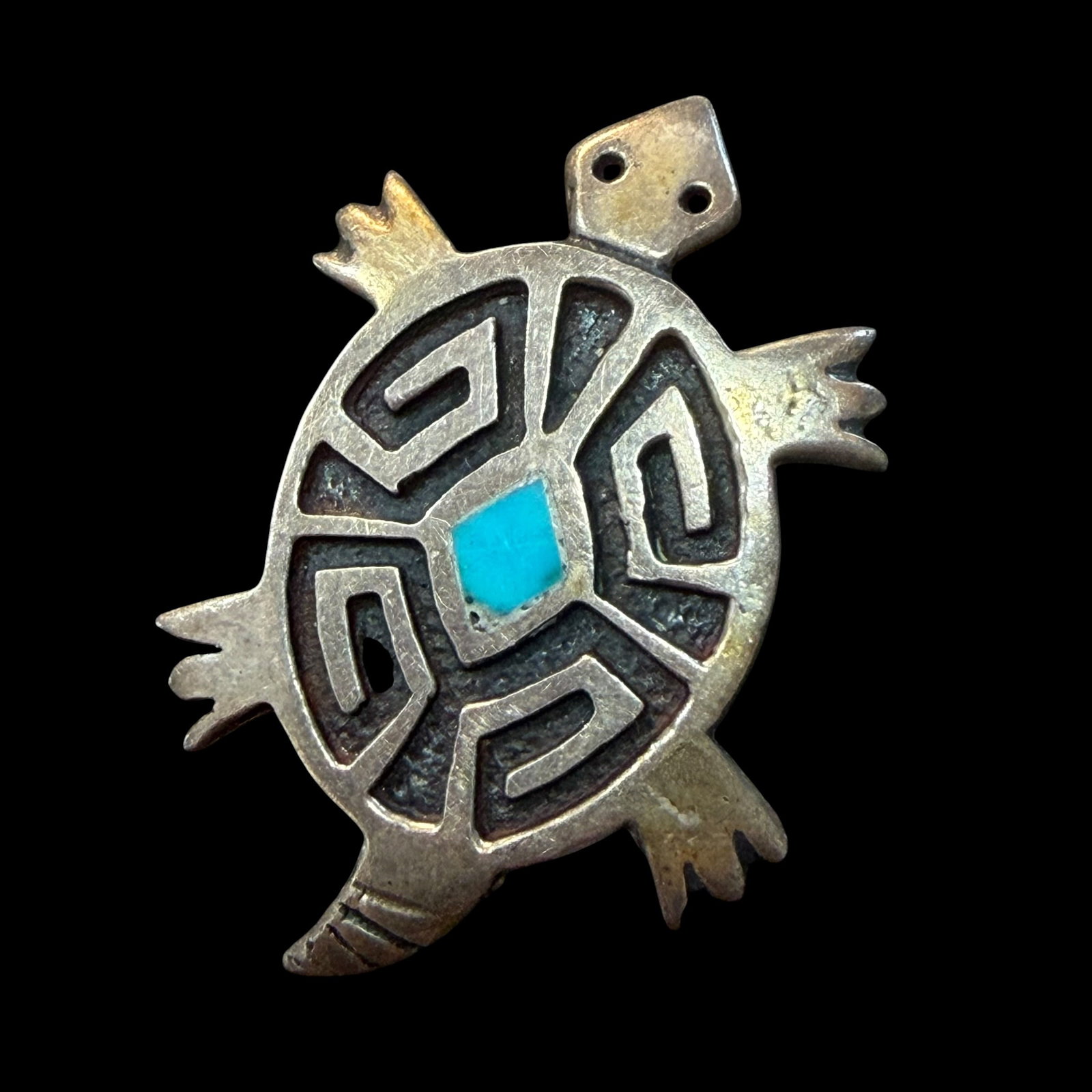 Vintage Native American Sterling Silver Turquoise Turtle Brooch Lapel Pin 1 3/8” 5.58g 925: Maker: Unmarked, unknown. / Material: Sterling Silver. / Stone: Turquoise. / Size: 1 3/8” x 7/8”. / Weight: 5.58 grams. / Condition: Great, ready to be enjoyed. / Sold as is. Measurements 