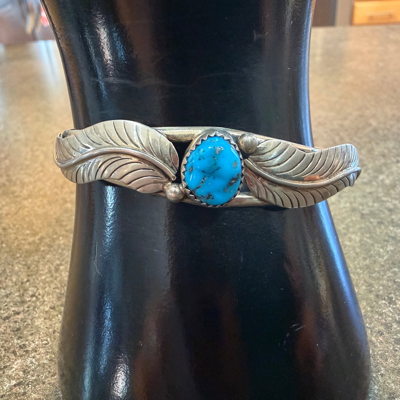 Vintage Sterling Silver Turquoise Old Pawn Native American Cuff Bracelet 5.7x4.0cm Flex 12.4g 925: Maker: Likely Old Pawn. / Material: Sterling Silver. / Stone: Turquoise. / Size: Opening 5.7 cm x 4.0 cm with flex. Band at face is 9/16” wide. / Weight: 12.40 grams. / Condition: Great, ready t