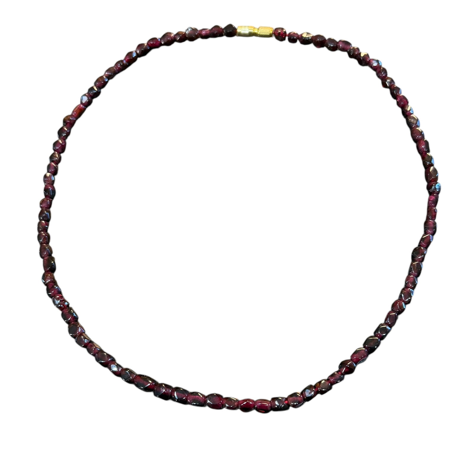 Vintage Dark Deep Red Glass Bead Beaded Necklace 18” Long: Maker: Unknown. / Material: Glass beads with brass or gold tone closure. / Size: 18 inches long overall. / Condition: Great, ready to be enjoyed. / Sold as is. Measurements are approximate. Please see