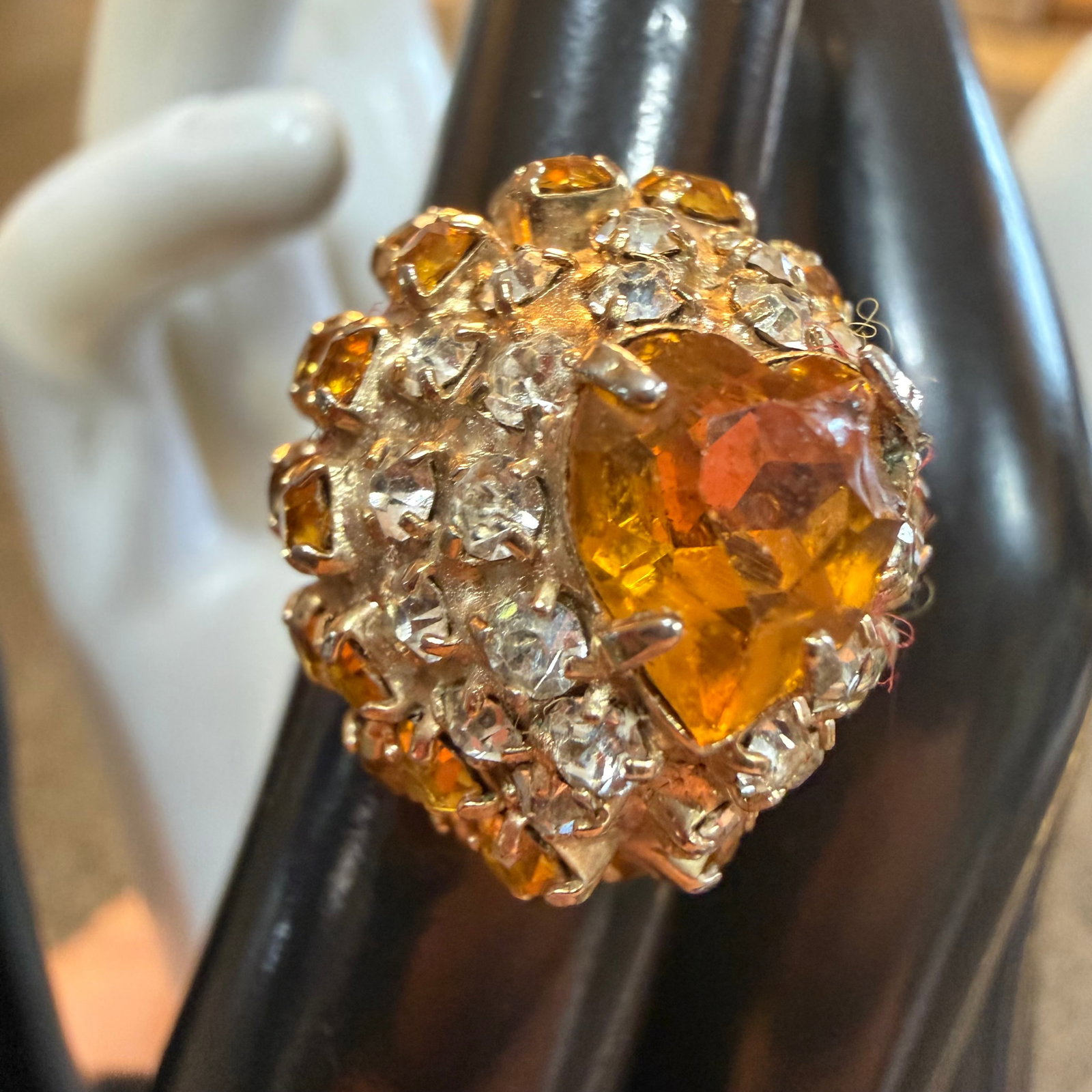 Vintage White Yellow Citrine Rhinestone Heart Ring Sz 4 Split Flex (1 of 10)