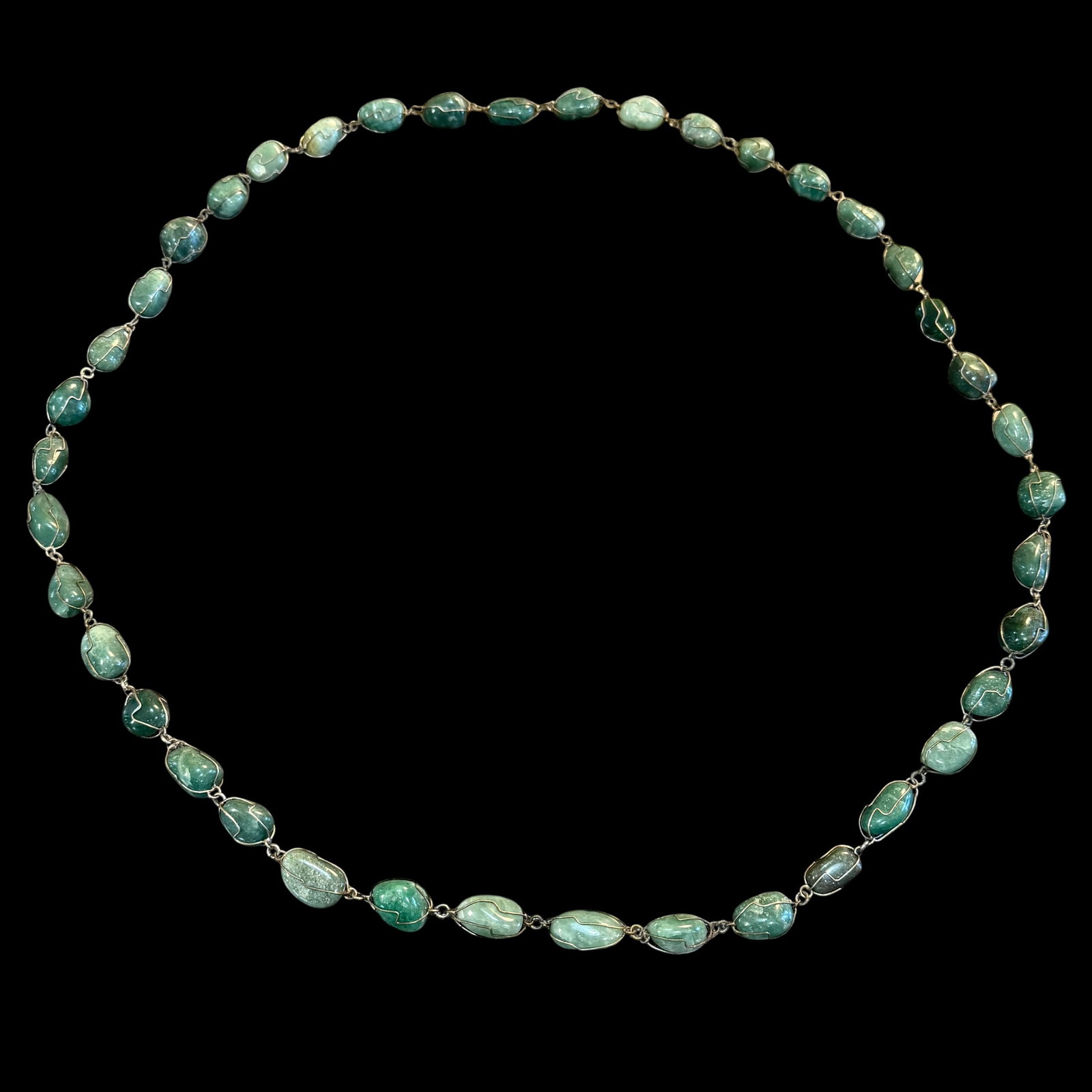 Vintage Sterling Silver Wire Wrapped Aventurine Stone Necklace Brazilian 45” Long: Maker: Unsigned, unknown. / Material: Sterling Silver wire. / Stone: Aventurine. / Size: 45 inches long overall. / Condition: Great, ready to be enjoyed. / Sold as is. Measurements are approximate. Pl