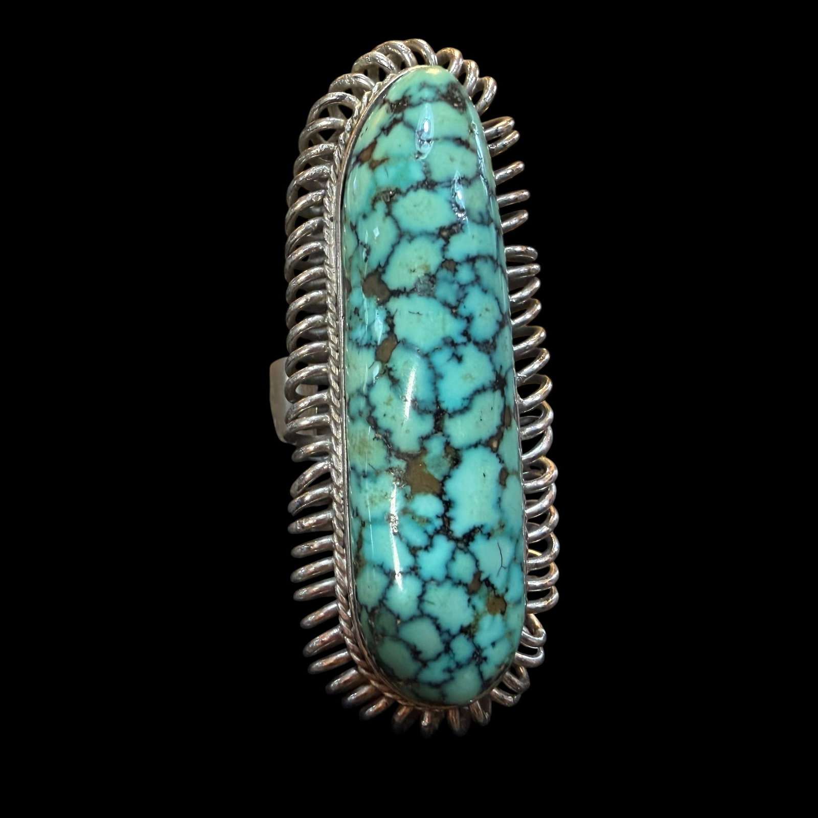 Vintage Sterling Silver Turquoise Native American Southwestern Style RIng Sz 9.5 21.68g 925: Maker: Marked Silver, 925 but unknown. / Material: Sterling Silver. / Stone: Turquoise. / Size: 9.5. Face measures 2” x 3/4”. / Weight: 21.68 grams. / Condition: Great, ready to be enjoyed