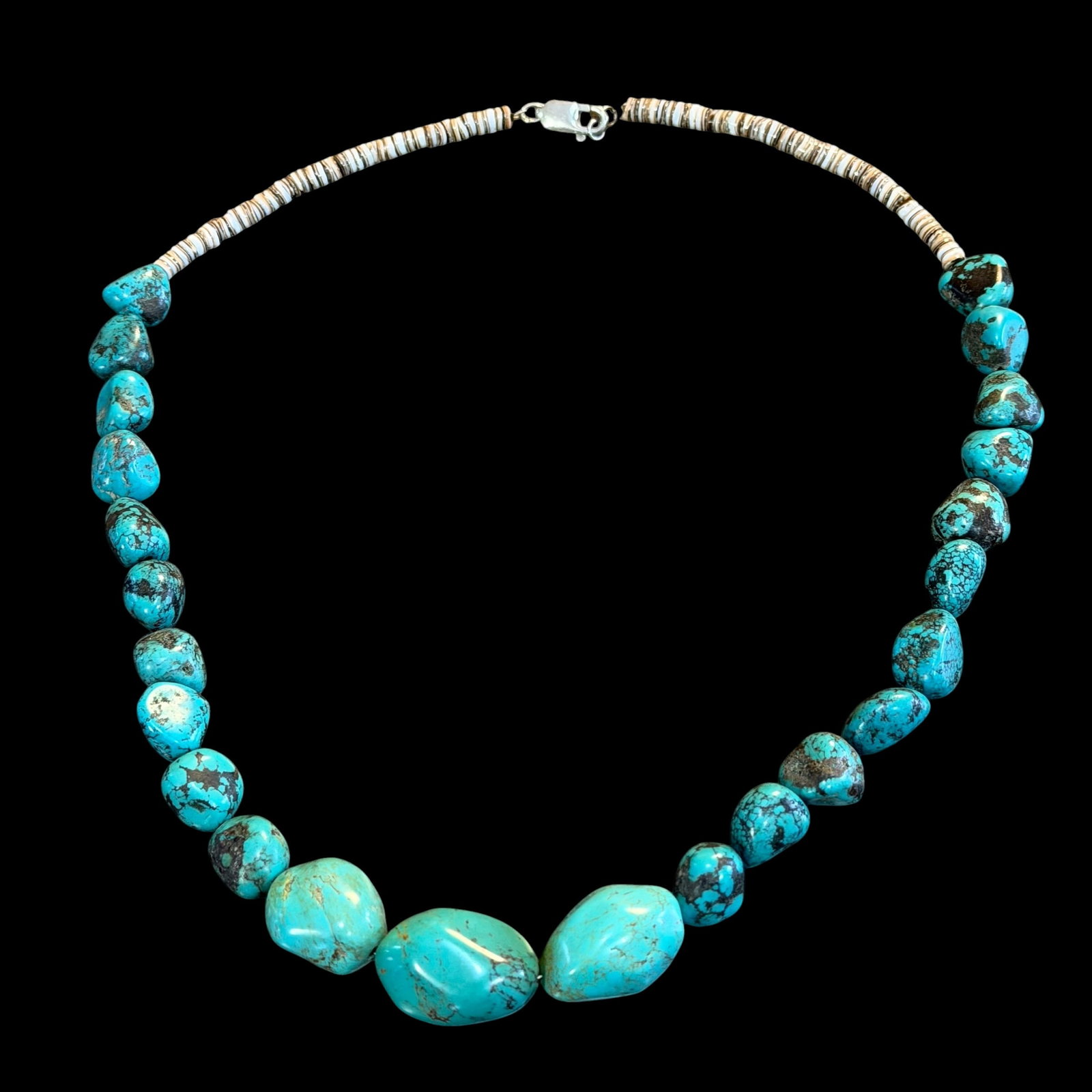 Viintage Native American Old Pawn Turquoise Heishi Bead Necklace 21” Long: Maker: Unsigned, unknown. / Stone: Turquoise and Heishi bead. / Size: 21 inches long overall. / Condition: Great, ready to be enjoyed. / Sold as is. Measurements are approximate. Please see all photos
