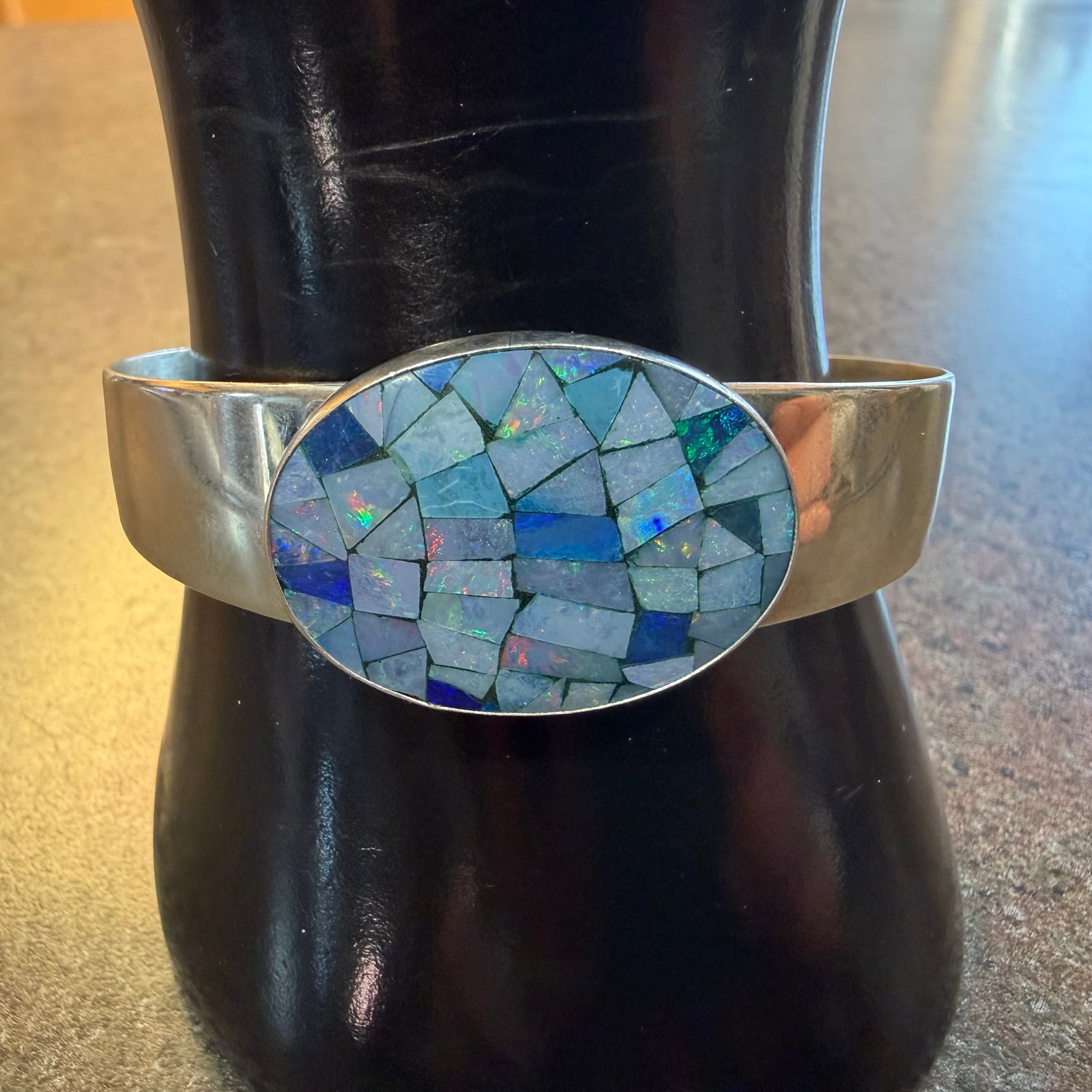 Sterling Silver Opal Inlay Mosaic Cuff Bracelet Southwestern Desert Rose Trading 6.3x4.9cm 23.4g 925: Maker: Desert Rose Trading, China. / Material: Sterling Silver. / Stone: Opal./ Size: Opening 6.3 cm x 4.9 cm with flex. 7/8” wide at face. / Weight: 23.40 grams. / Condition: Great, ready to en