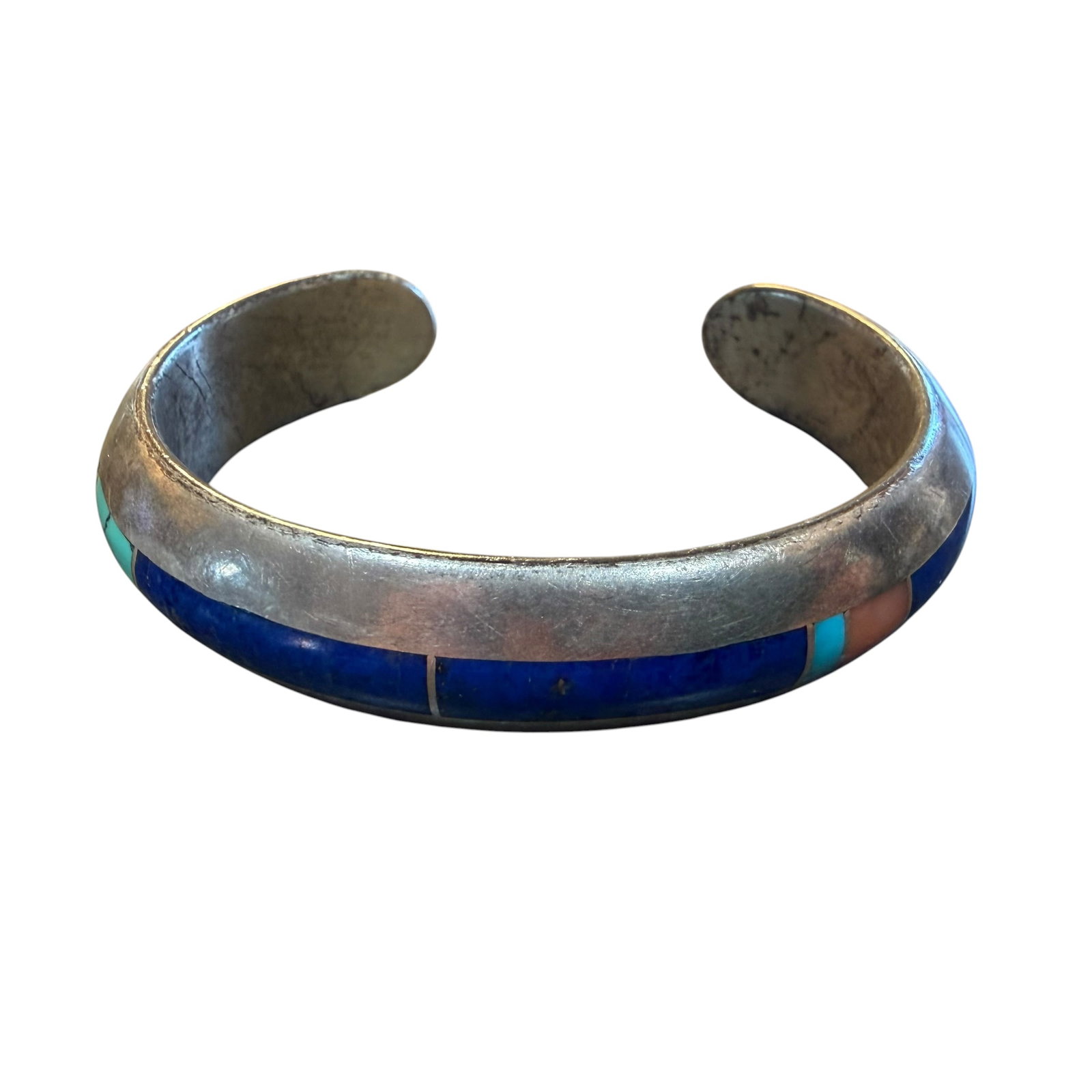 Native American Royen Sterling Silver Turquoise Coral Lapis Inlay Cuff Bracelet 42g 925 5.2x4.1cm: Maker: Royen or Royer as shown. / Material: Sterling Silver. / Stone: Inlays of Turquoise, Blue Lapis and Coral. / Size: Opening 5.2 cm x 4.1 cm. No flex. Band 1/2” wide. / Weight: 42.00 grams. 