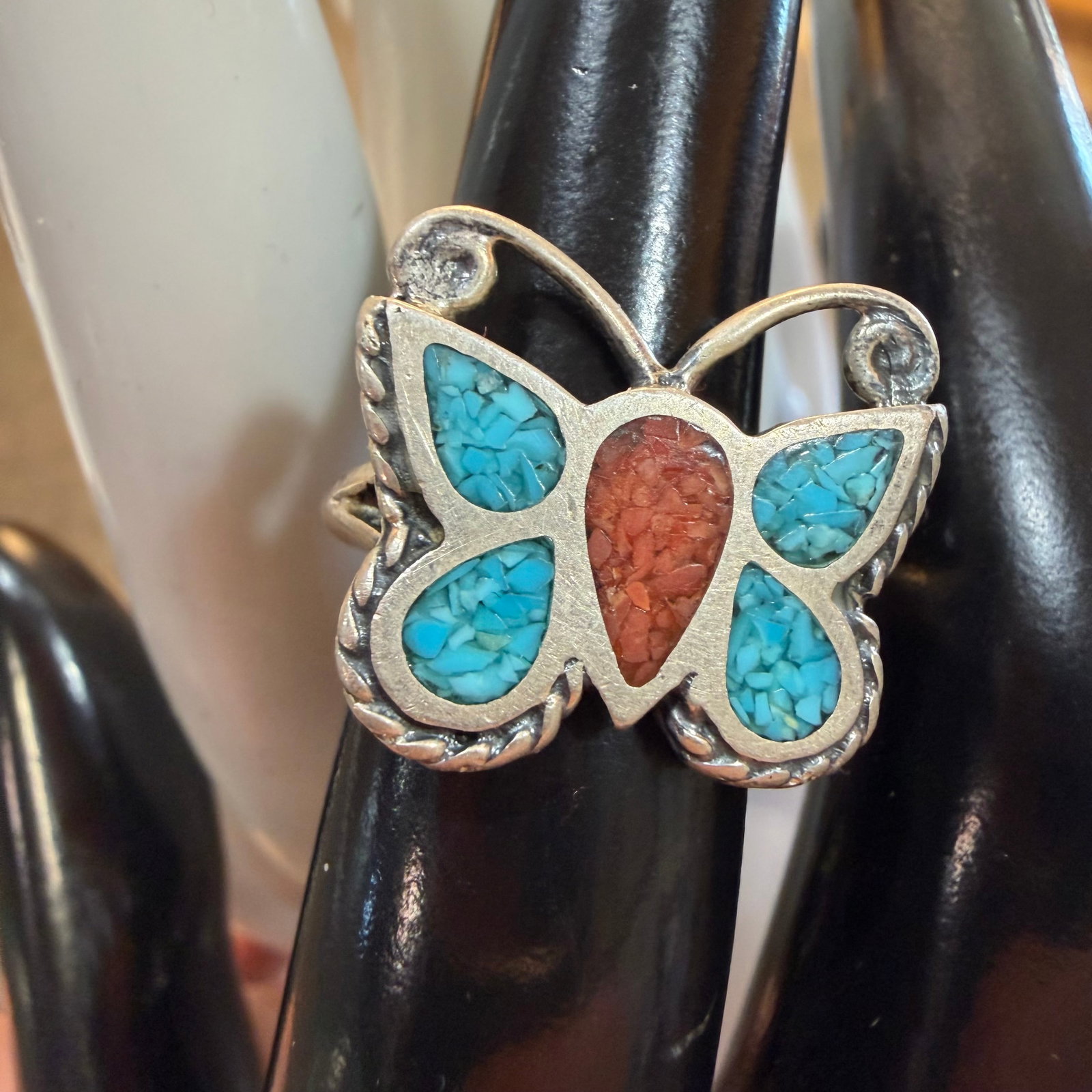 Vintage Sterling Silver Turquoise Coral Butterfly Ring Native American Signed P Sz 4 6.39g: Maker: Signed P as shown, unknown. / Material: Sterling Silver. / Stone: Chips of Turquoise and Coral. / Size: 4. Face measures 3/4” x 5/8”. / Weight: 6.39 grams. / Condition: Great, ready