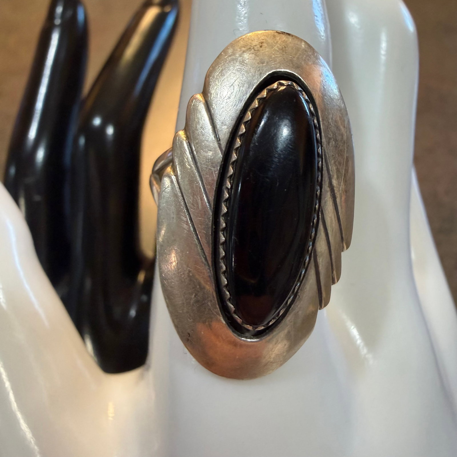 Vintage Sterling Silver Black Onyx Ring Native American Sz 10 7.14g 925: Maker: Unsigned, unknown. / Material: Sterling Silver. / Stone: Black Onyx. / Size: 10. Face measures 1 3/8” x 3/4”. / Weight: 7.14 grams. / Condition: Great, ready to enjoy. / Sold as is.