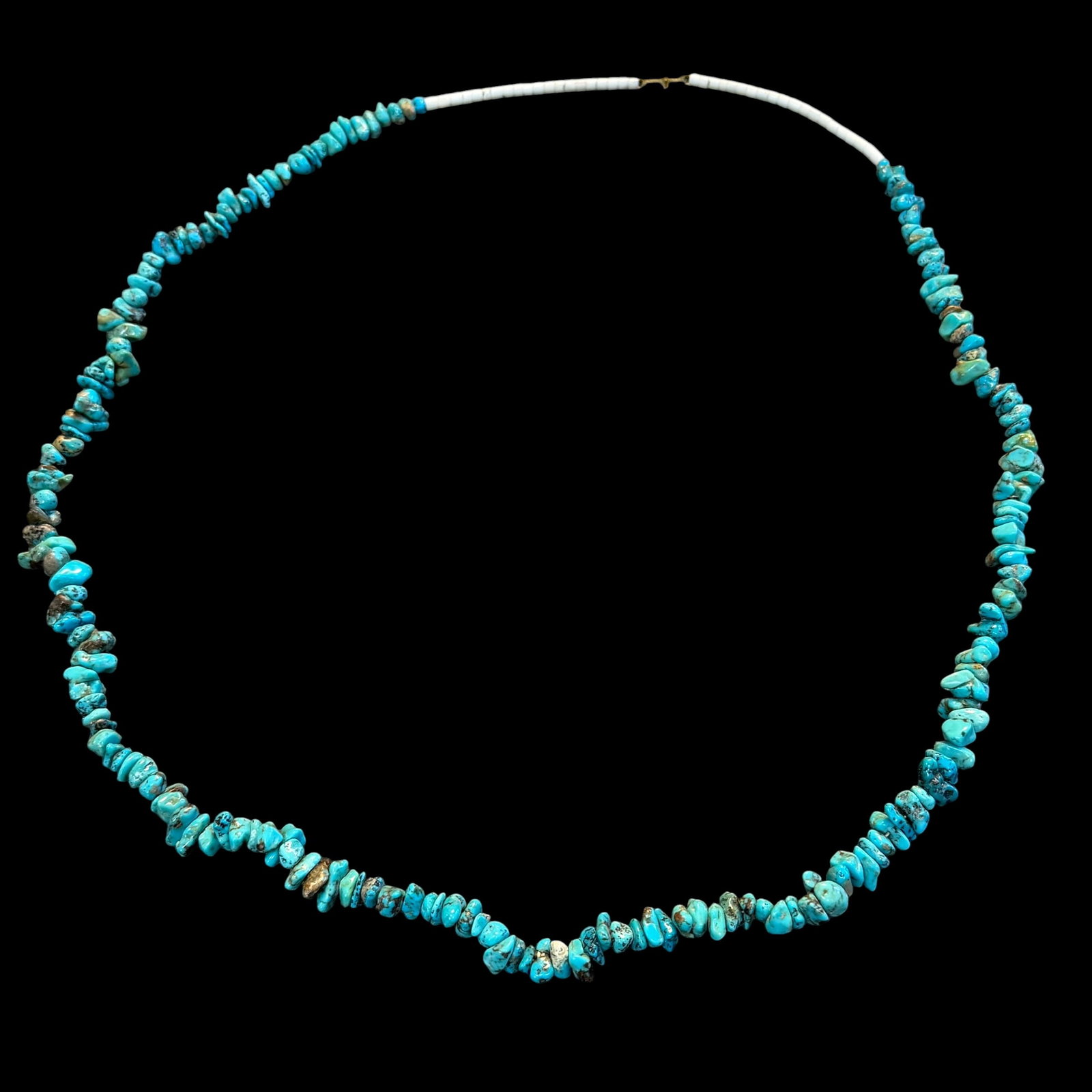 Vintage Turquoise White Heishi Bead Beaded Necklace 31” Long: Maker: Unsigned, unknown. / Stone: Turquoise and White Heishi. / Size: 31 inches long. / Condition: Great, ready to enjoy. / Sold as is. Measurements are approximate. Please see all photos as a part o