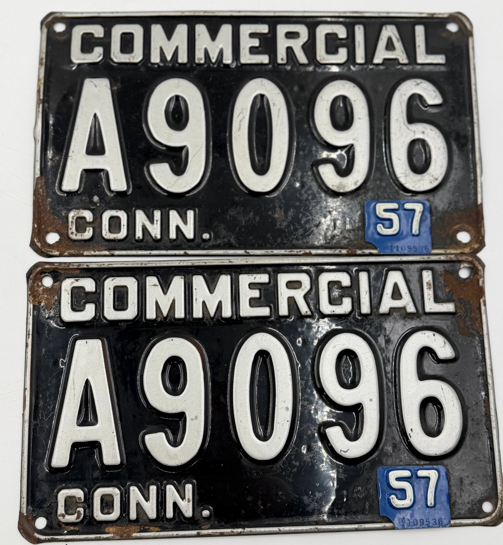Pair of 1957 Connecticut Commercial License Plates A9096 (1 of 2)